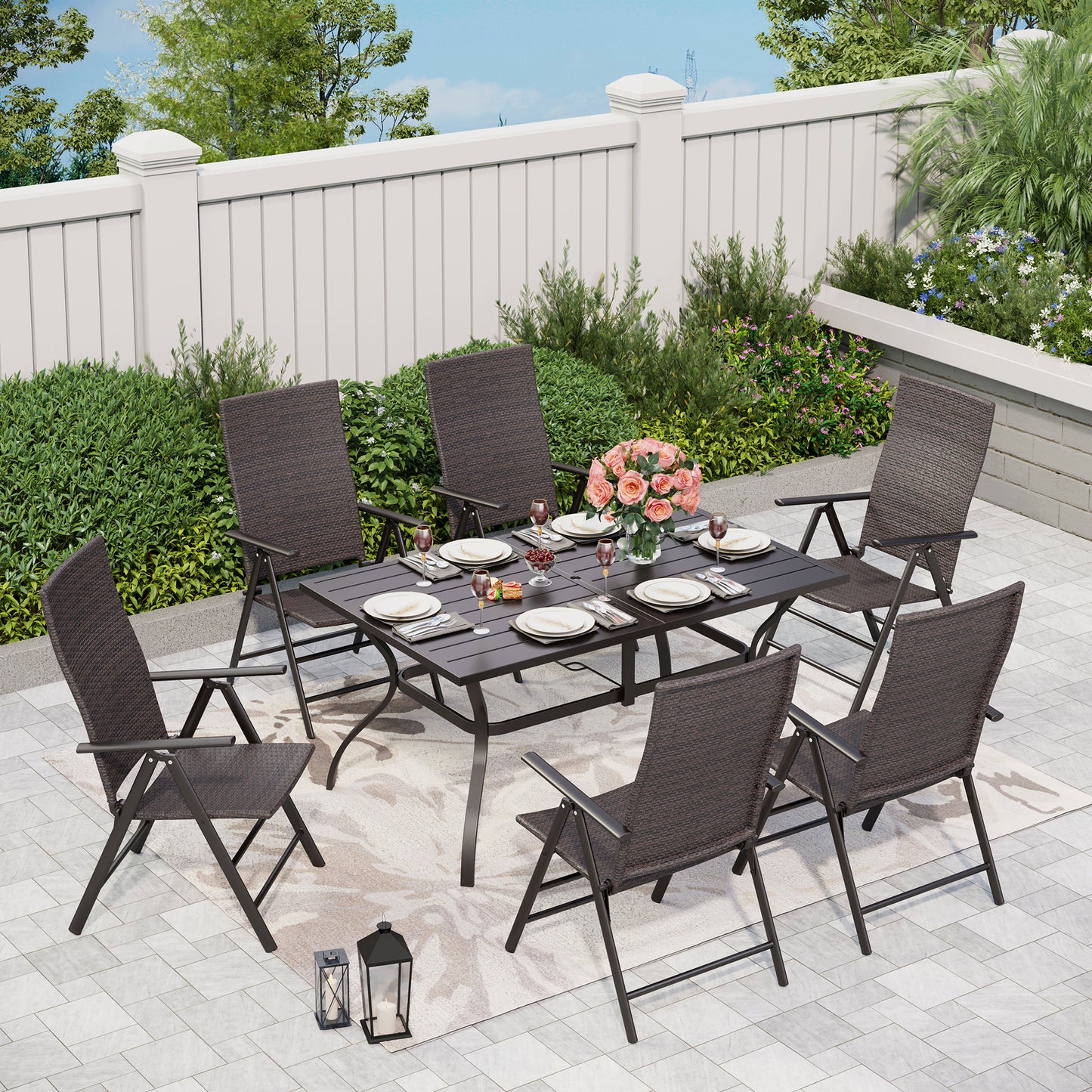 Captiva Designs 7pc Outdoor Patio Slat-top Rectangle Dining Steel Table & Armrest Chairs