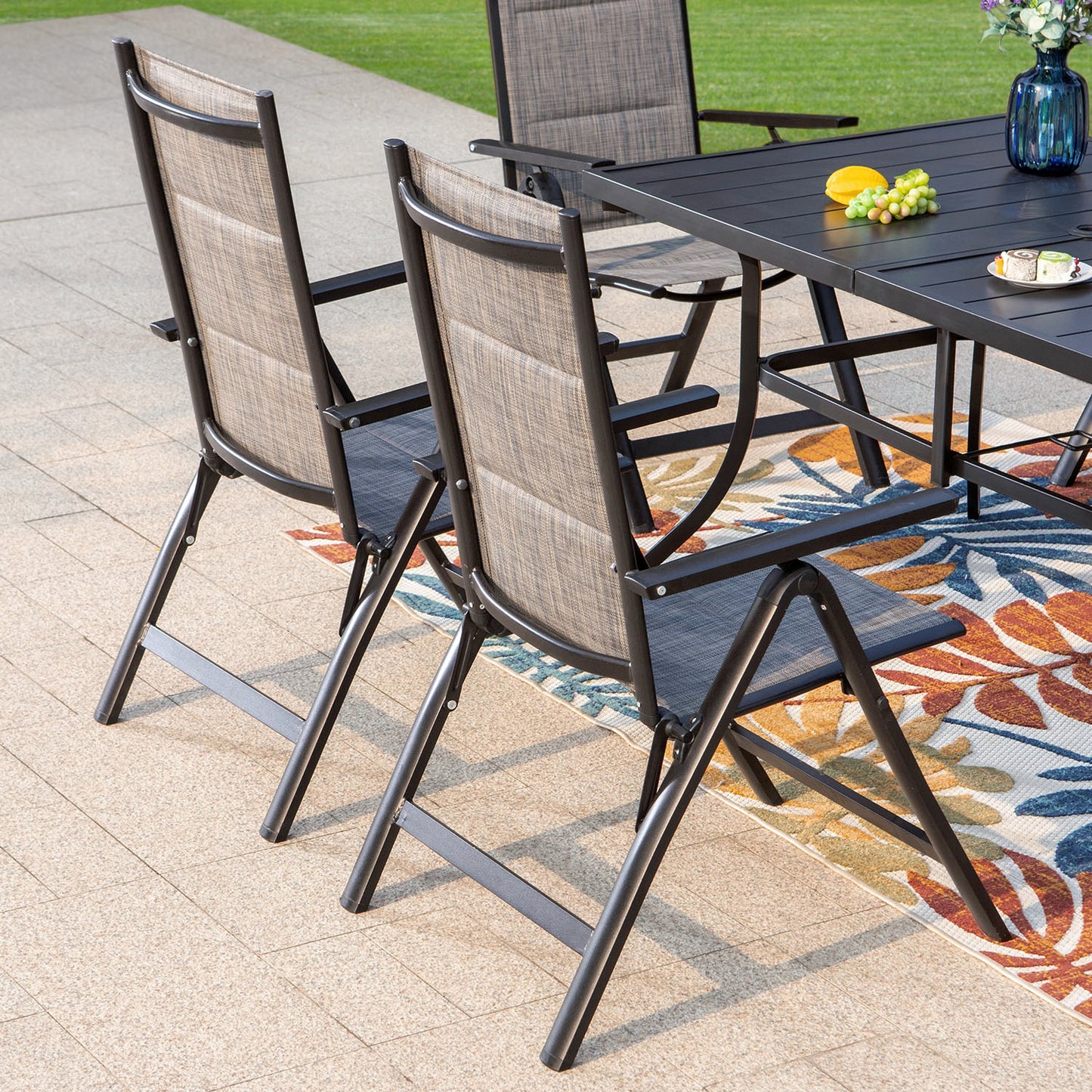 Captiva Designs 7pc Outdoor Patio Slat-top Rectangle Dining Steel Table & Armrest Chairs