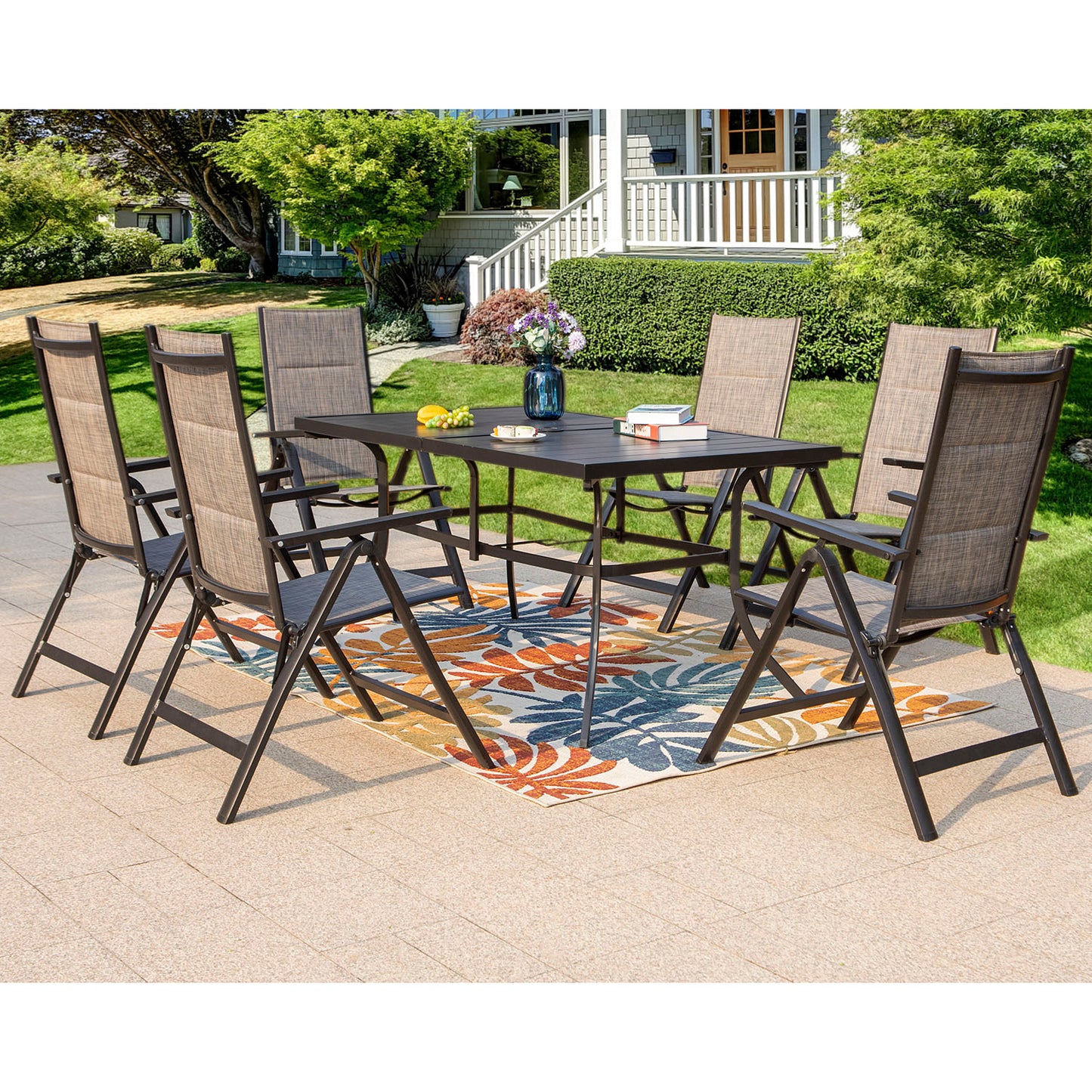 Captiva Designs 7pc Outdoor Patio Slat-top Rectangle Dining Steel Table & Armrest Chairs