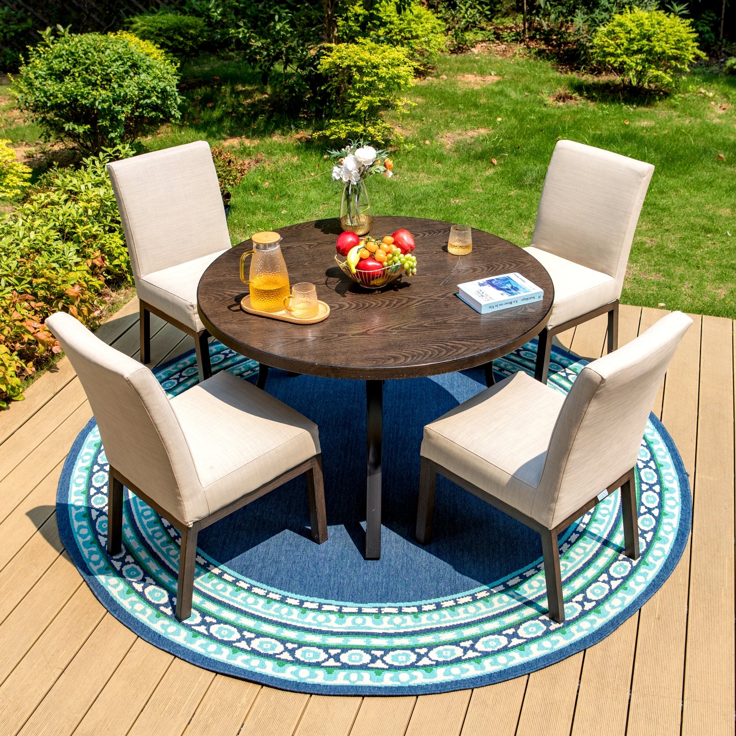 Captiva Designs 5pc Patio Dining Round Wood-look Table with Umbrella Hole & Metal Chairs