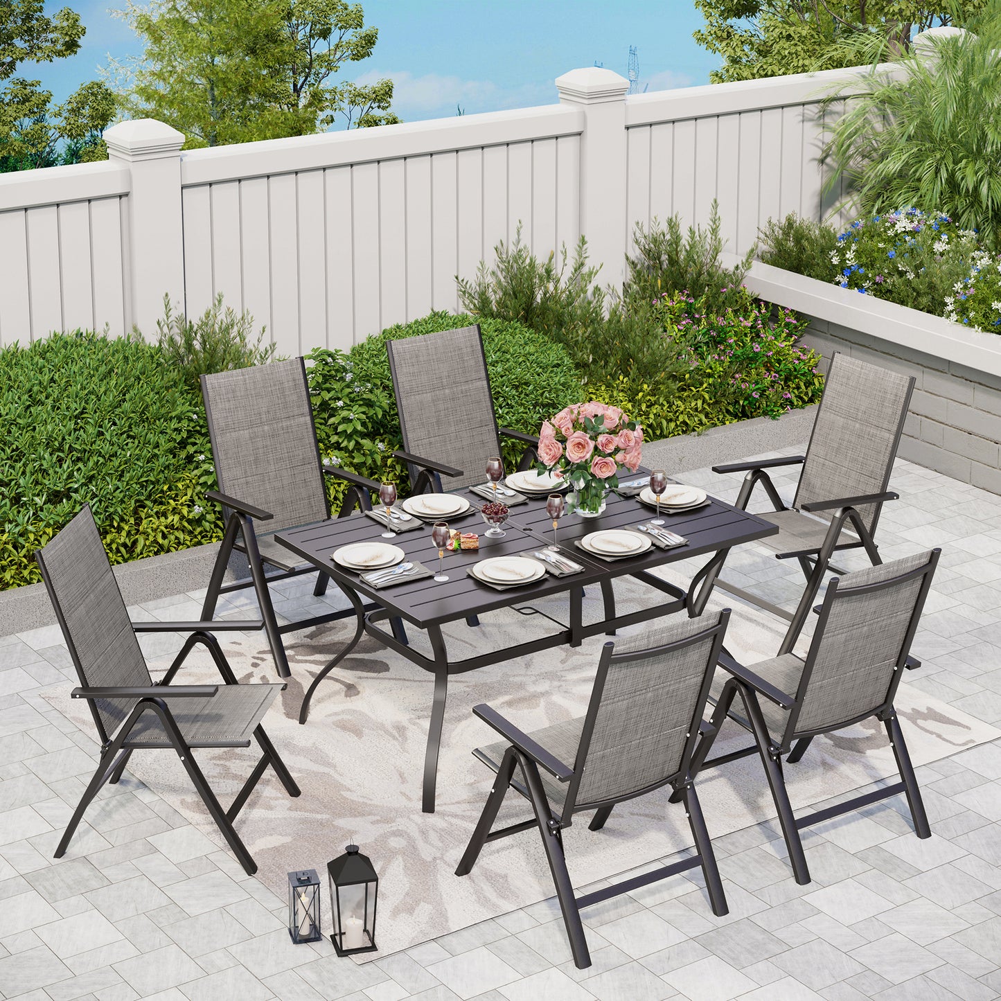 Captiva Designs 7pc Outdoor Patio Slat-top Rectangle Dining Steel Table & Armrest Chairs