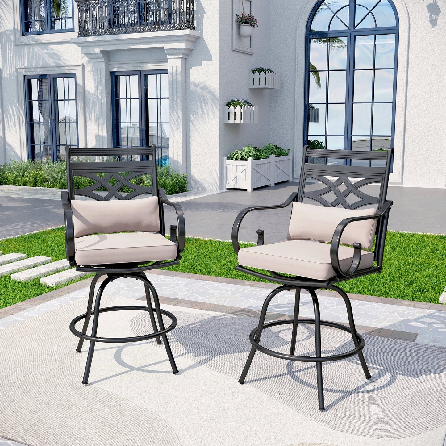 Captiva Designs Outdoor Metal Frame Swivel Armrest Bar Stools with Seat Cushions