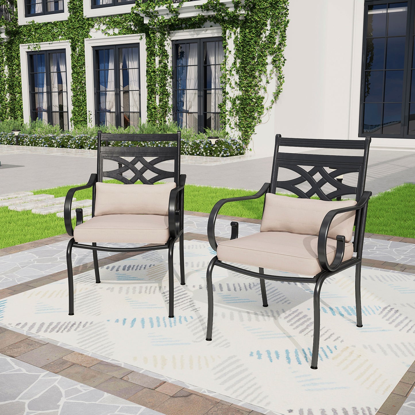 Captiva Designs Outdoor Patio Dining Floral Back Steel Chairs with Thick Seat & Back Cushion