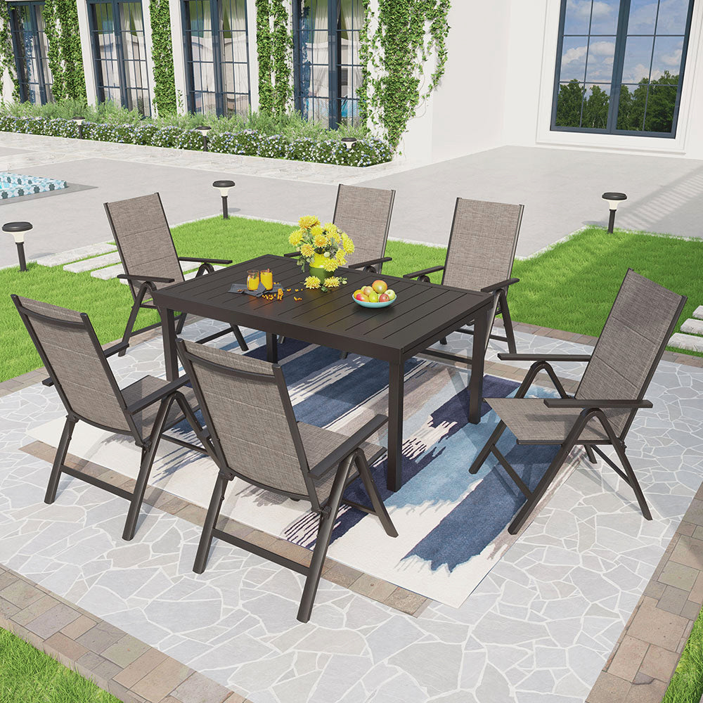 Captiva Designs 7pc Outdoor Patio Slat-top Rectangle Dining Steel Table & Armrest Chairs