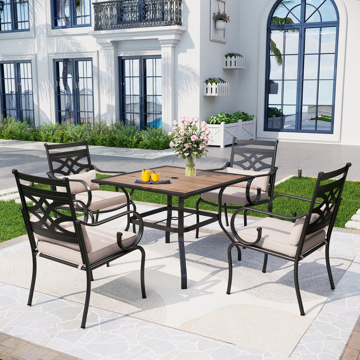 Captiva Designs 5pc Outdoor Dining Table & Metal Chairs with Thick Seat & Back Cushions
