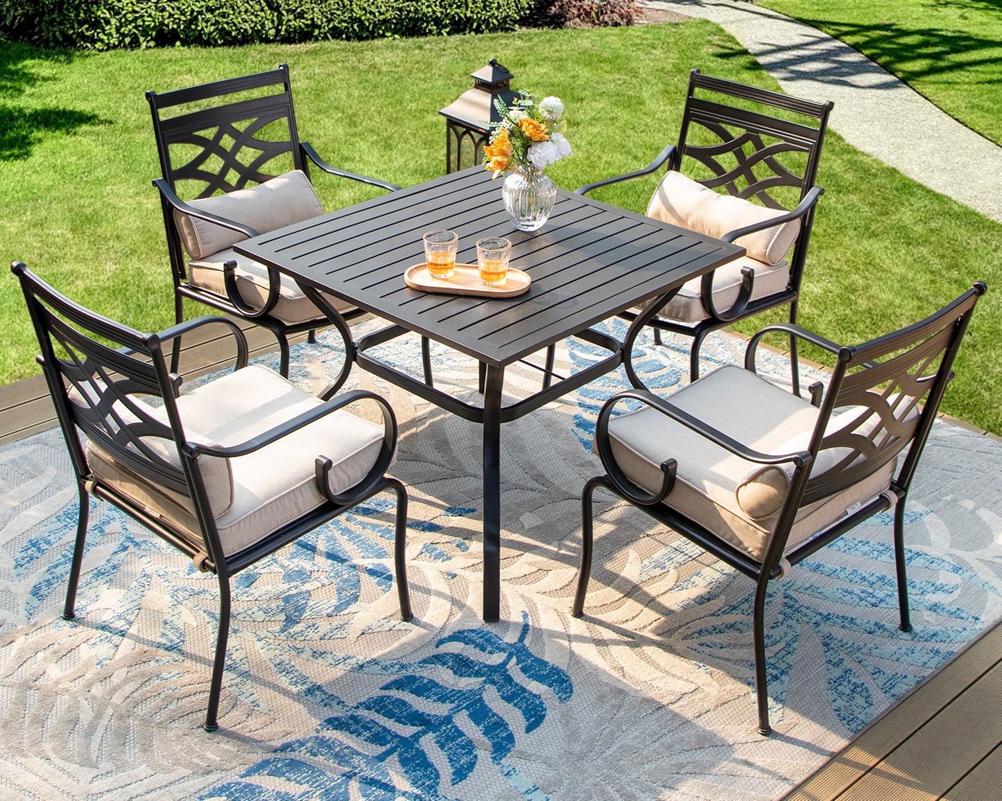 Captiva Designs 5pc Outdoor Dining Table & Metal Chairs with Thick Seat & Back Cushions