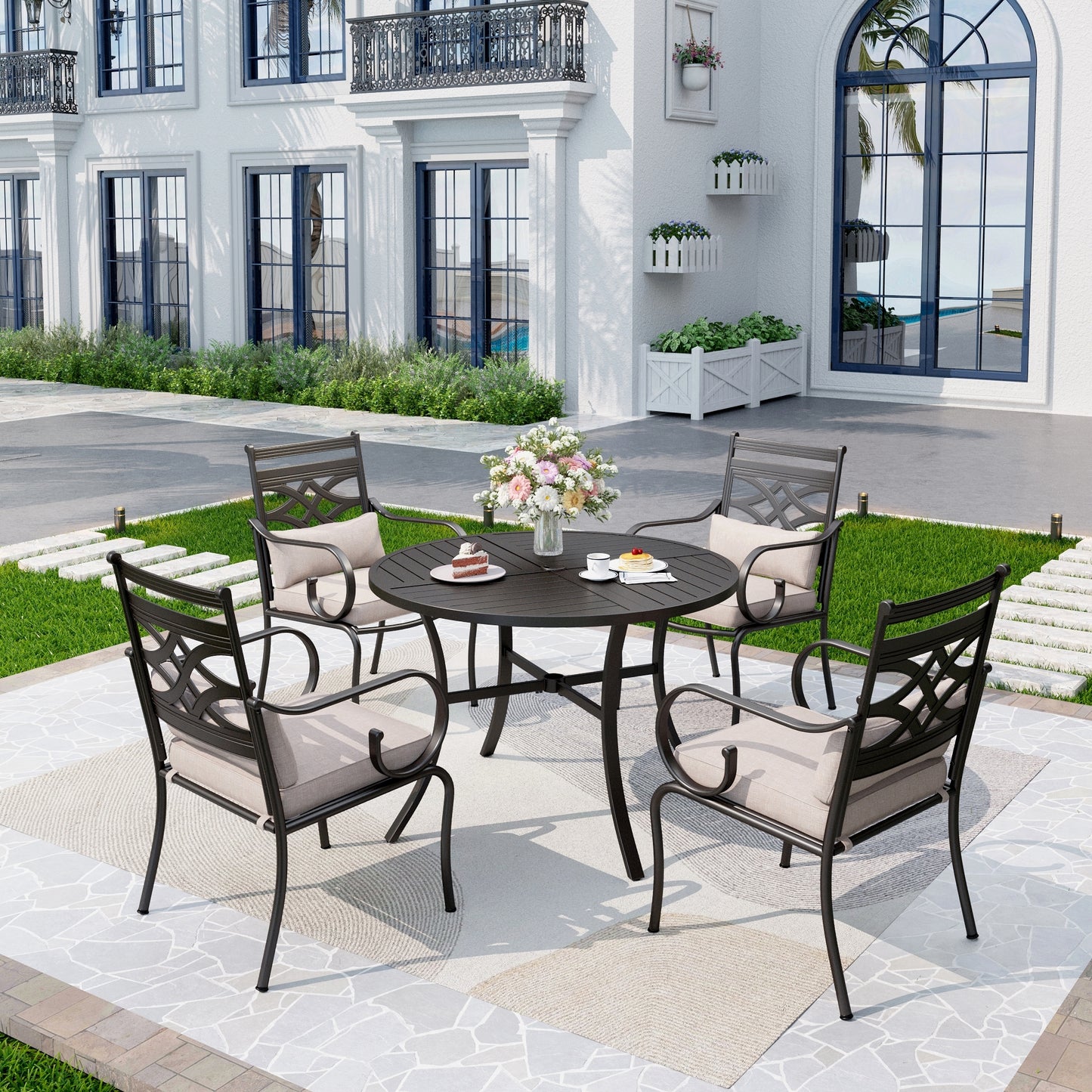 Captiva Designs 5pc Outdoor Dining Table & Metal Chairs with Thick Seat & Back Cushions