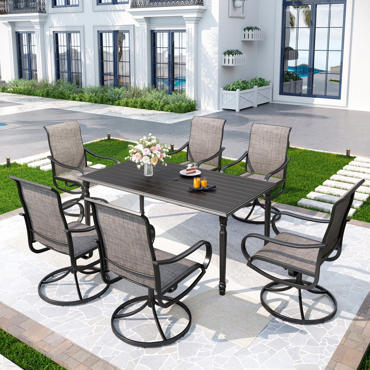 Captiva Designs 7pc Outdoor Patio Slat-top Rectangle Steel Dining Table & Grayish Brown Sling Swivel Chairs