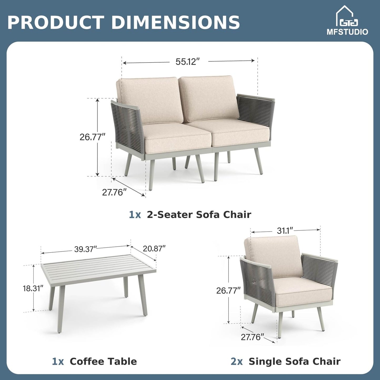 MFSTUDIO 4-Seat Rope Patio Furniture Set with Cushion