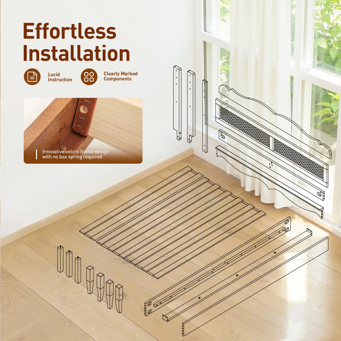 Captiva Designs Premium Wood Bed Frame with Woven Rattan Headboard and Reinforced Slats Support