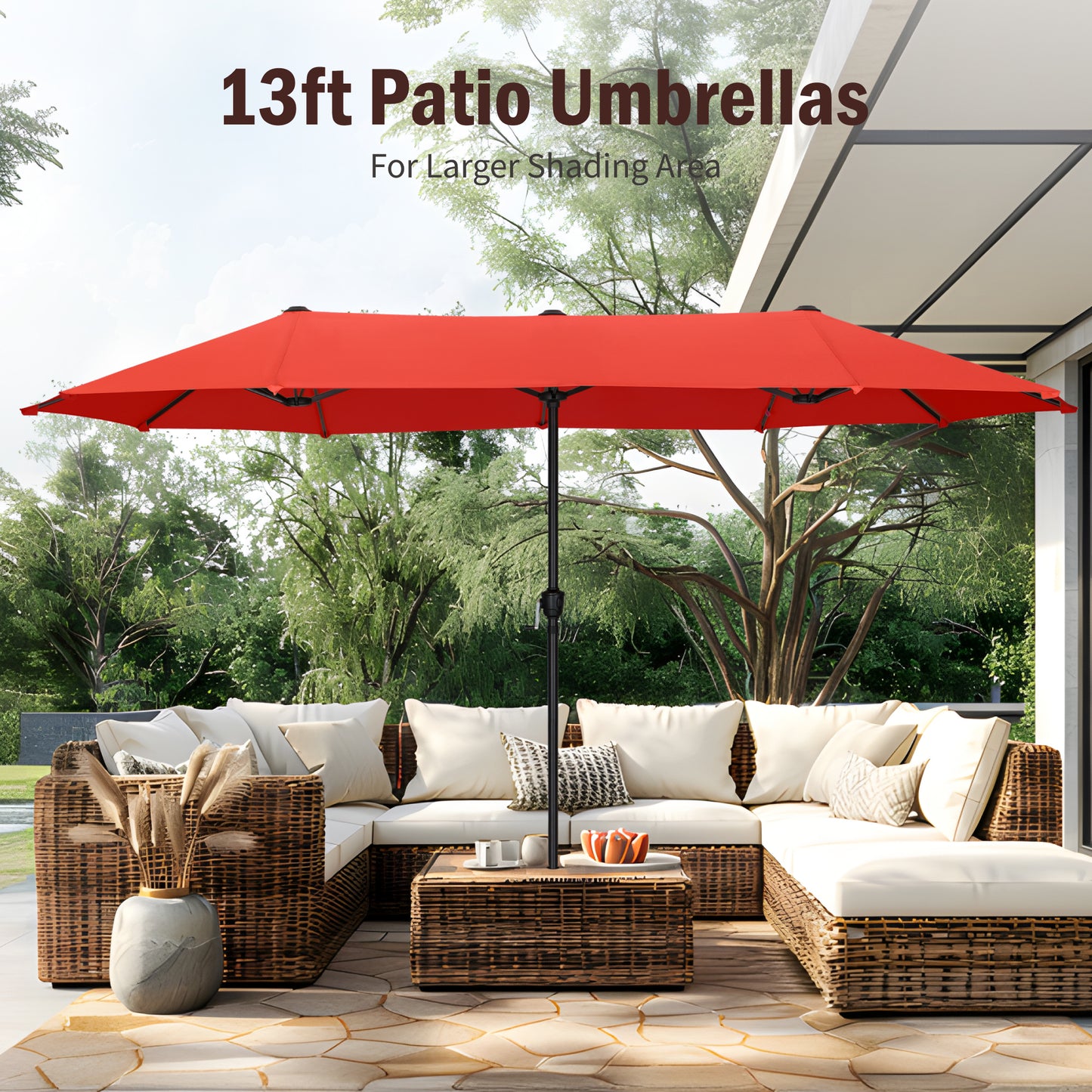 Captiva Designs 8pc Patio Slat-top Dining Steel Table & Stackable Steel Chairs & Market Umbrella