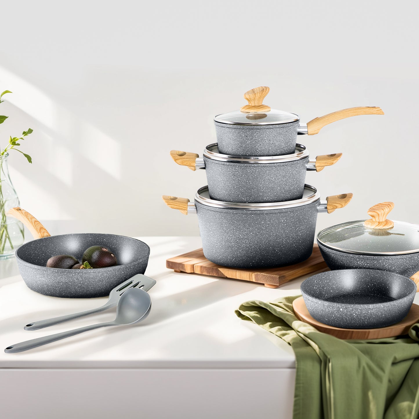 Captiva Designs 12 Pieces Nonstick Granite Cookware Set with Heat-Resistant Bakelite Handle