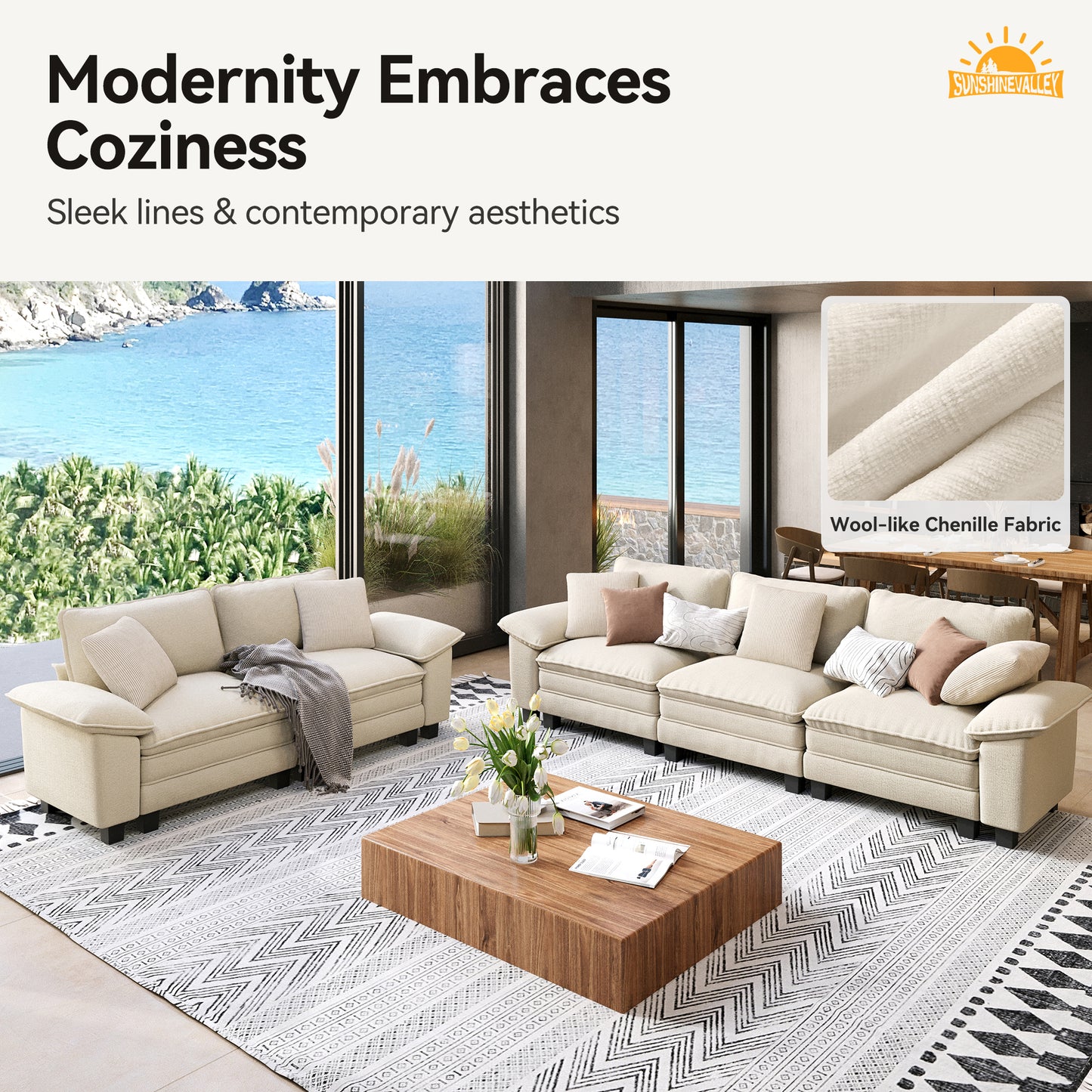 SUNSHINE VALLEY 3-Piece Modular Sectional Couch Set with Armchair Loveseat, Modern 6-Seater Cloud Sofa Set, White, Wider Armrest, Comfy Deep Seat, Soft Chenille Furniture Set for Living Room Bedroom