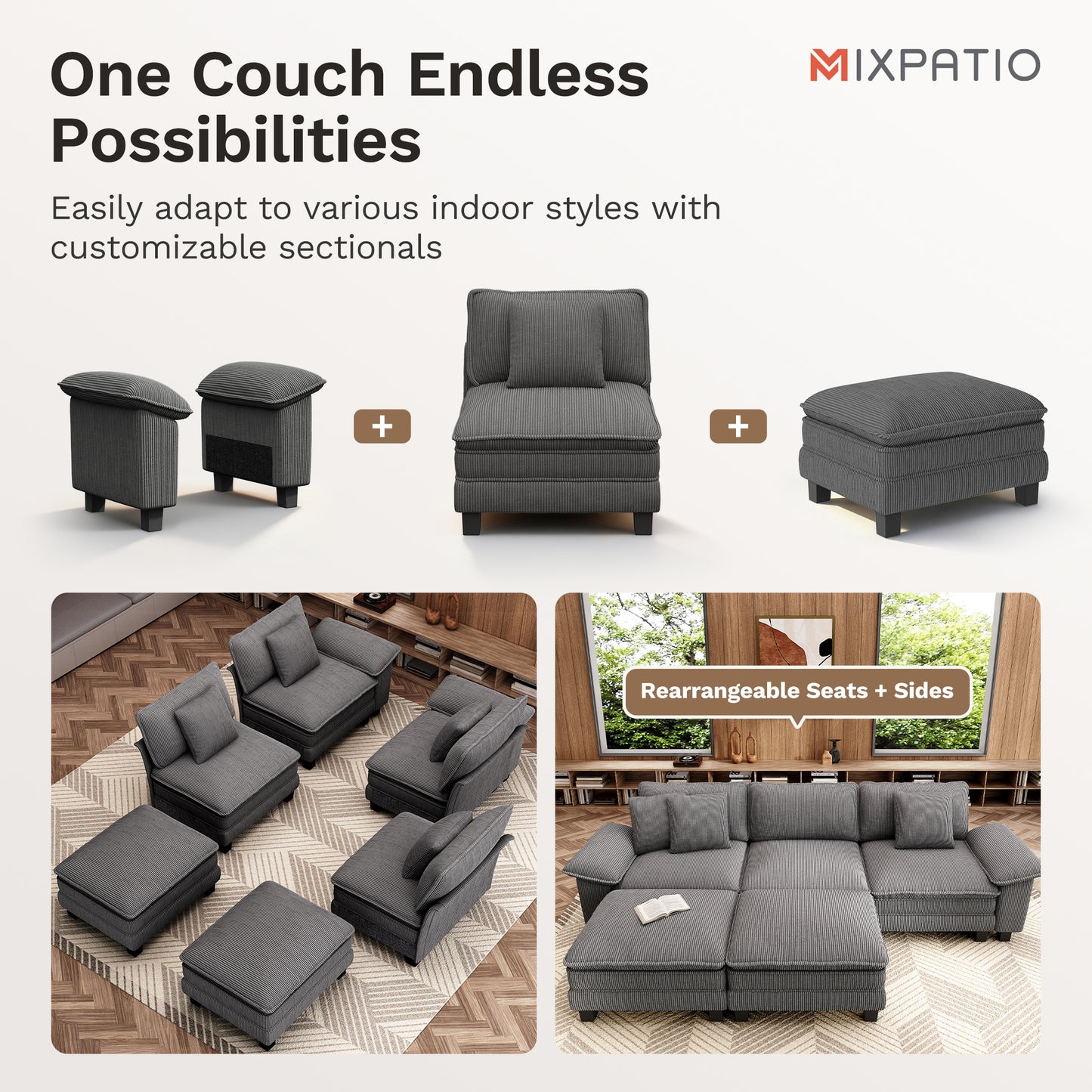MIXPATIO Modular Sectional Couch Cloud Sofa Grey 88" L, Modern Sectional Couches for Living Room, Wider Armrest and Deep Seat, Comfy Cloud Sofa, Soft Corduroy Furniture
