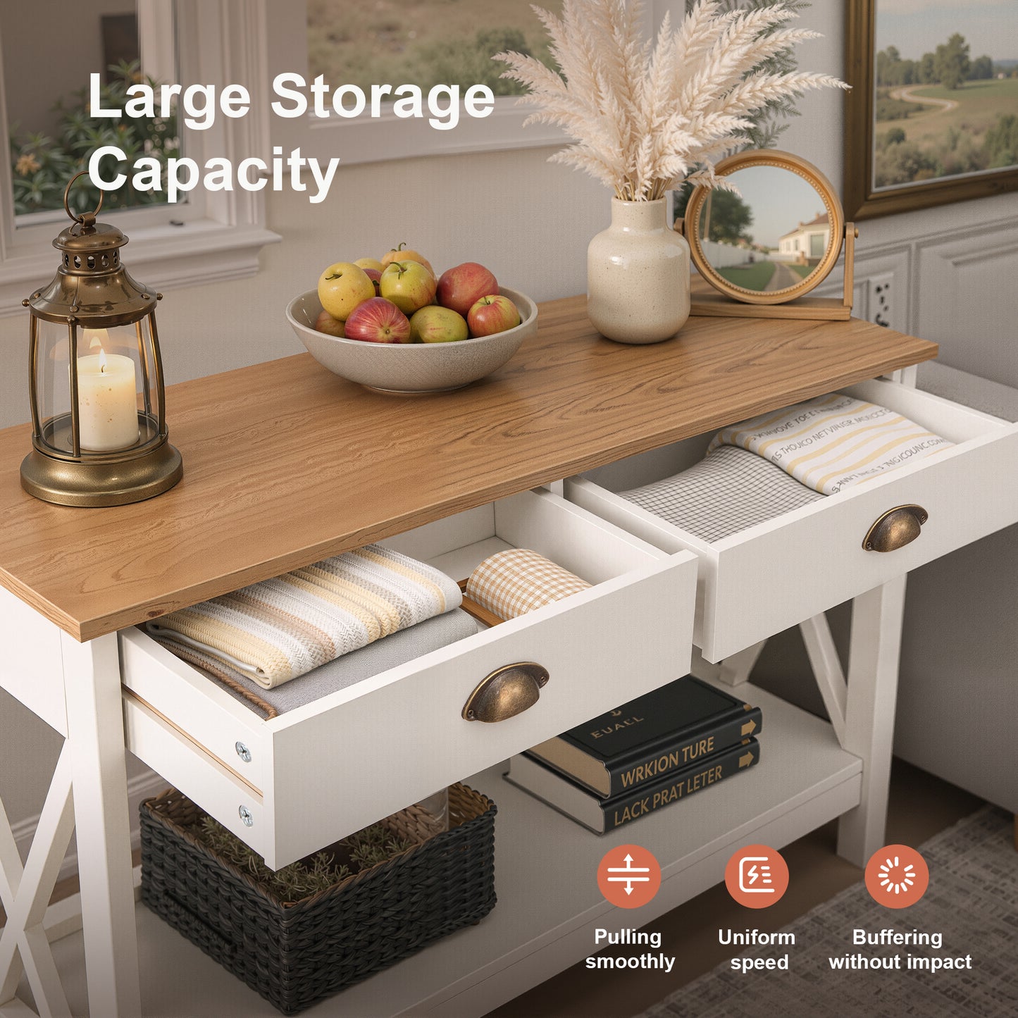 Captiva Designs Farmhouse Console Table with Shelf or Drawers, Narrow 2-Tier Entryway or Hallway Table, Ivory Finish