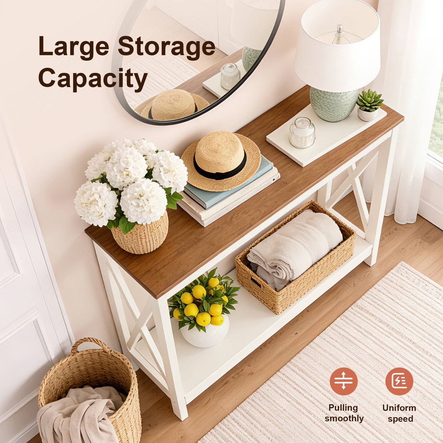 Captiva Designs Farmhouse Console Table with Shelf or Drawers, Narrow 2-Tier Entryway or Hallway Table, Ivory Finish