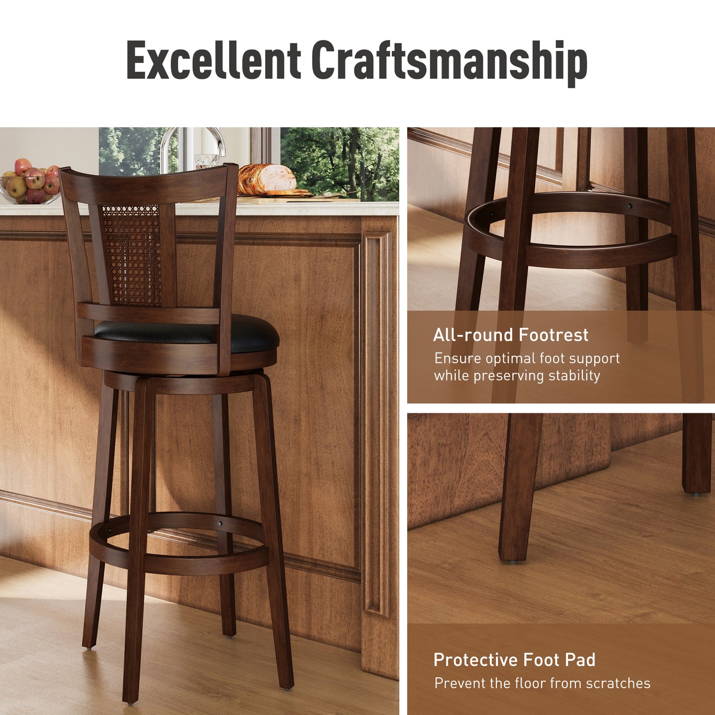 Captiva Designs 30 inch Swivel Bar Stools with Faux Leather Upholstered Seat & Rubberwood Frame & Wrap-Around Footrest
