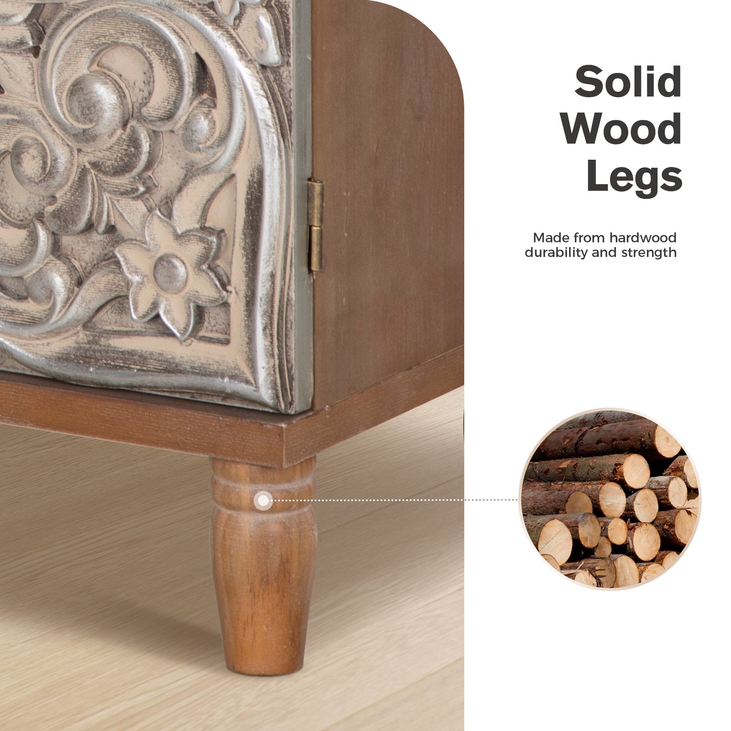 Captiva Designs Antique Silver Carved Floral Buffet Cabinet with Doors for Living Room, Entryway