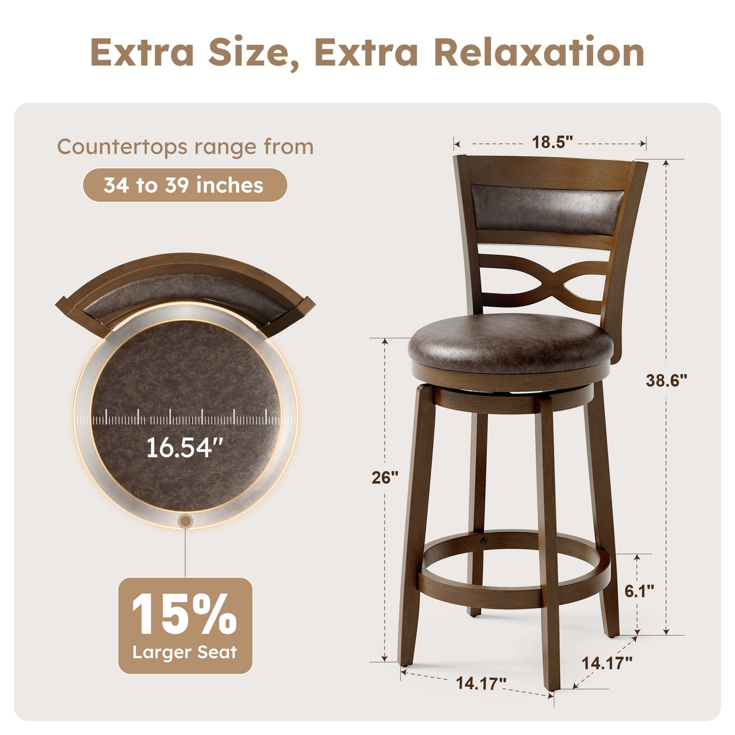 Captiva Designs Counter & Bar Height Swivel Bar Stools with Faux Leather Upholstered Seat & Rubberwood Frame & Wrap-Around Footrest