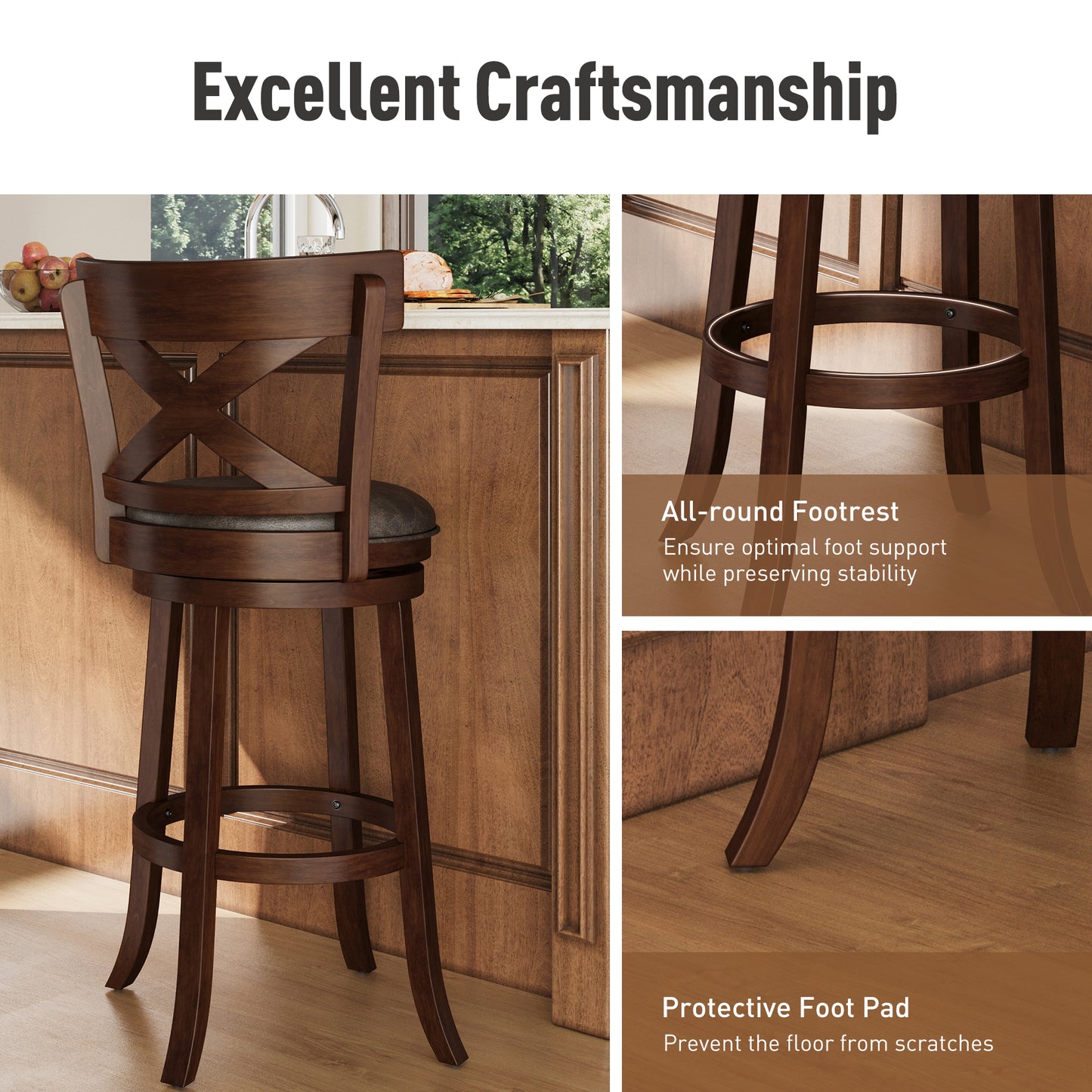 Captiva Designs 30 inch Swivel Bar Stools with Faux Leather Upholstered Seat & Rubberwood Frame & Wrap-Around Footrest