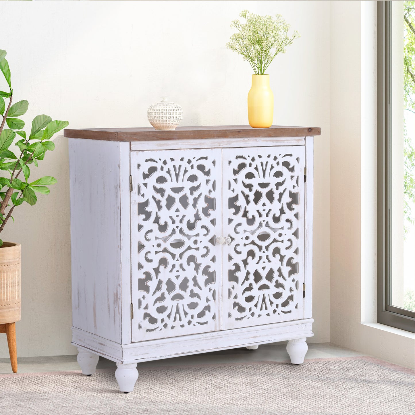Captiva Designs Distressed Hollow-carved Accent Storage Sideboard Buffet Cabinet with Solid Wood Legs for Living Room Entryway Foyer