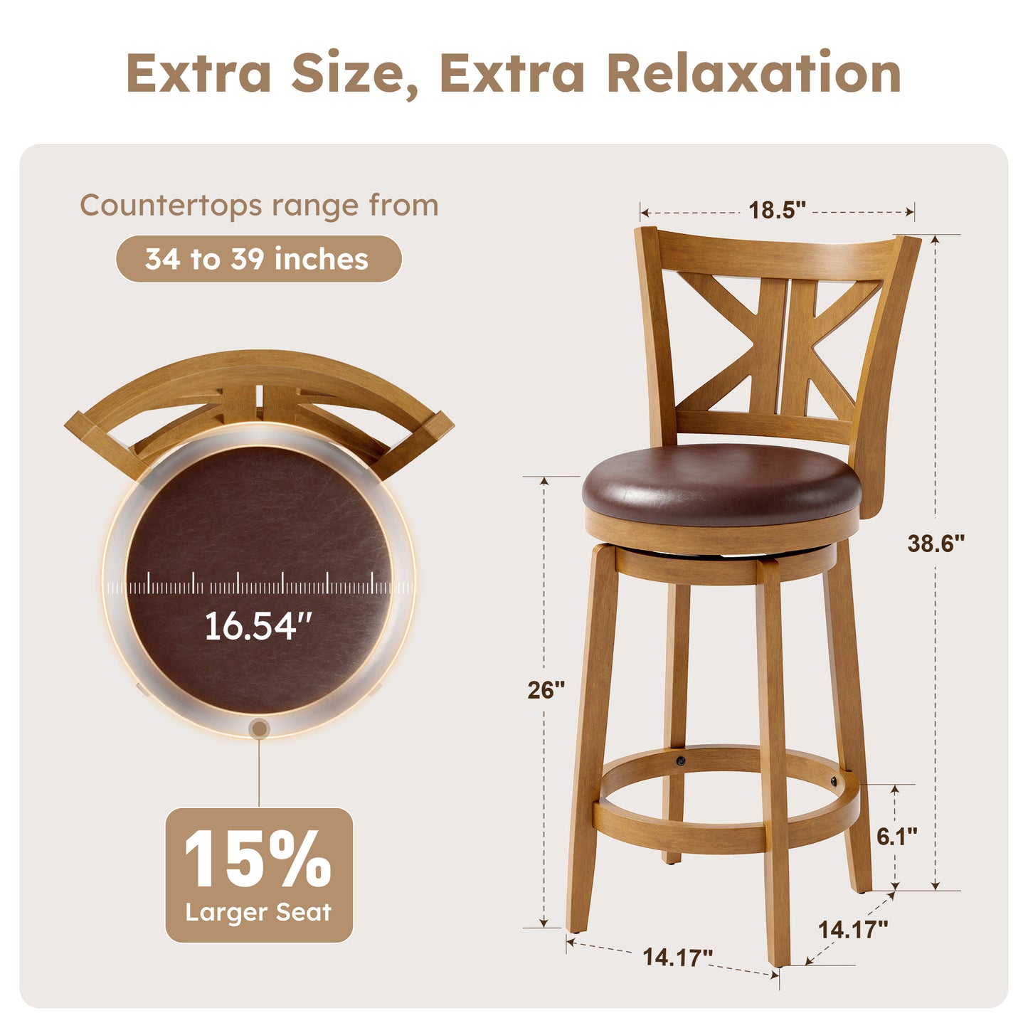 Captiva Designs Counter & Bar Height Swivel Bar Stools with Faux Leather Upholstered Seat & Rubberwood Frame & Wrap-Around Footrest