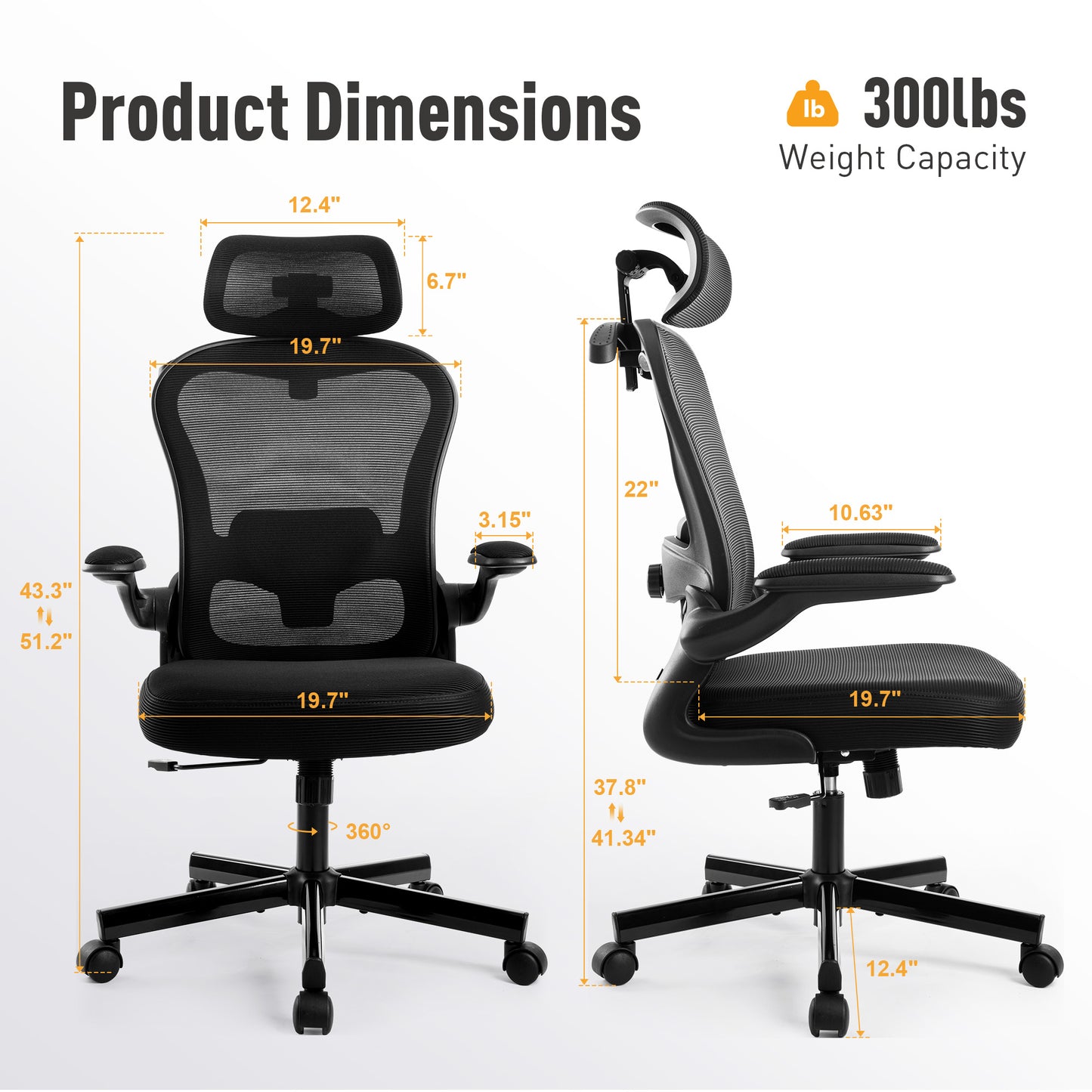 Captiva Designs Ergonomic High-Back Mesh Office Chair Adjustable Height Swivel Chair with Flip-Up Armrests, Black