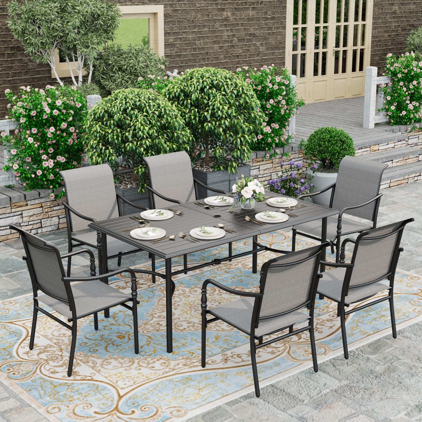 HERA'S HOUSE Patio Table and Chairs for 6, Outdoor Dining Set 7 Pieces, 67" Rectangle Metal Table with Elegant Armrest Chairs for Garden Backyard