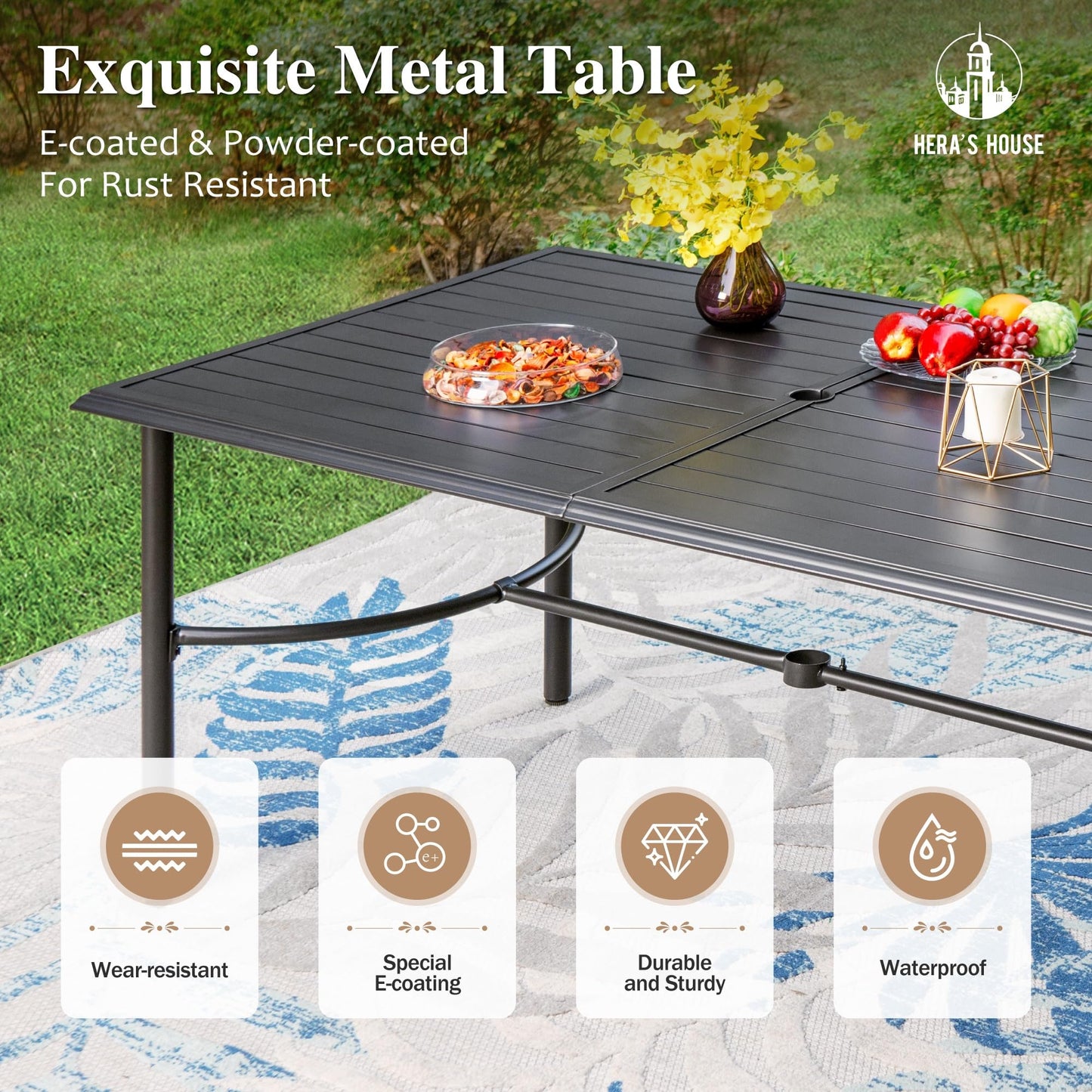 HERA'S HOUSE Patio Table and Chairs for 6, Outdoor Dining Set 7 Pieces, 67" Rectangle Metal Table with Elegant Armrest Chairs for Garden Backyard