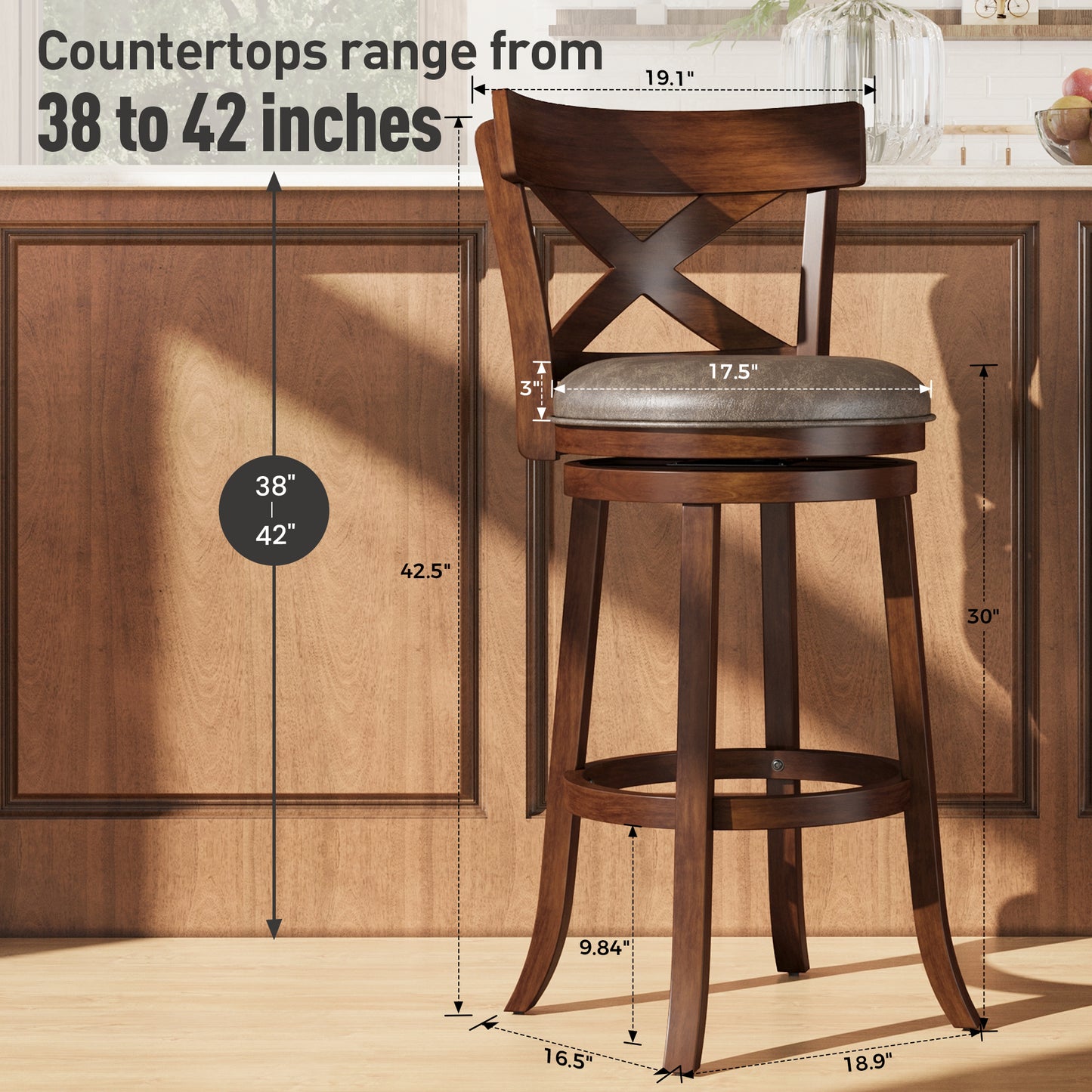 Captiva Designs 30 inch Swivel Bar Stools with Faux Leather Upholstered Seat & Rubberwood Frame & Wrap-Around Footrest