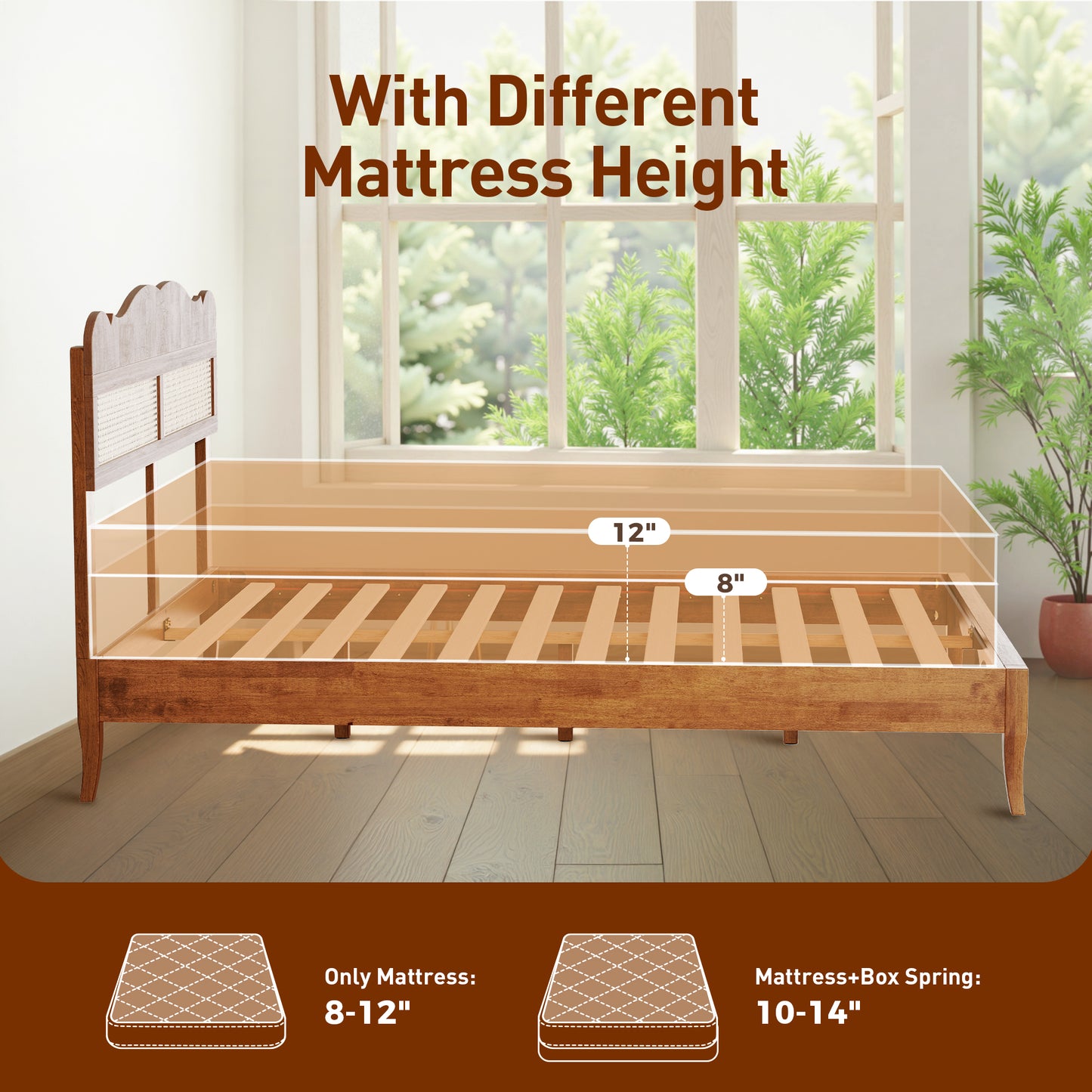 Captiva Designs Premium Wood Bed Frame with Woven Rattan Headboard and Reinforced Slats Support