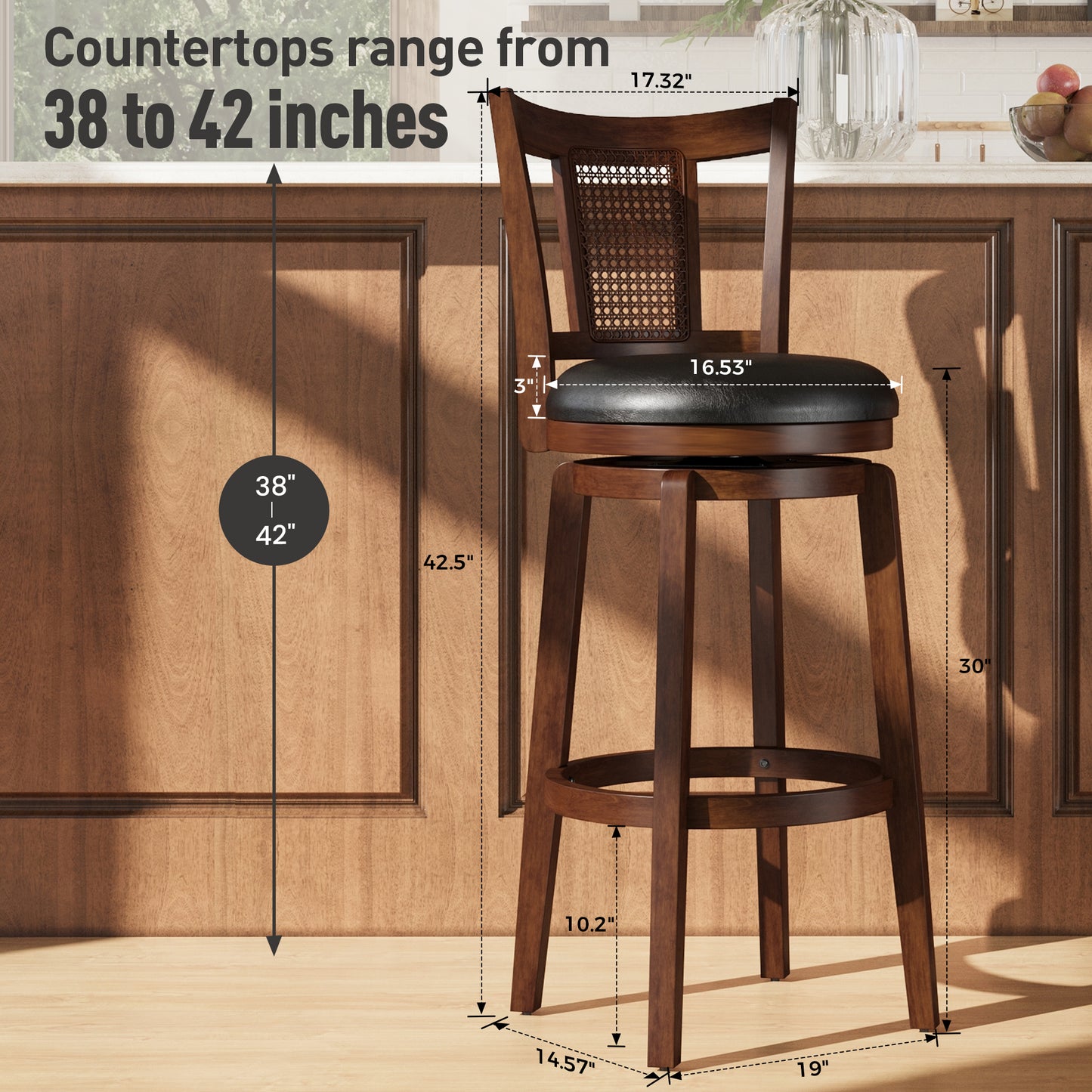 Captiva Designs 30 inch Swivel Bar Stools with Faux Leather Upholstered Seat & Rubberwood Frame & Wrap-Around Footrest
