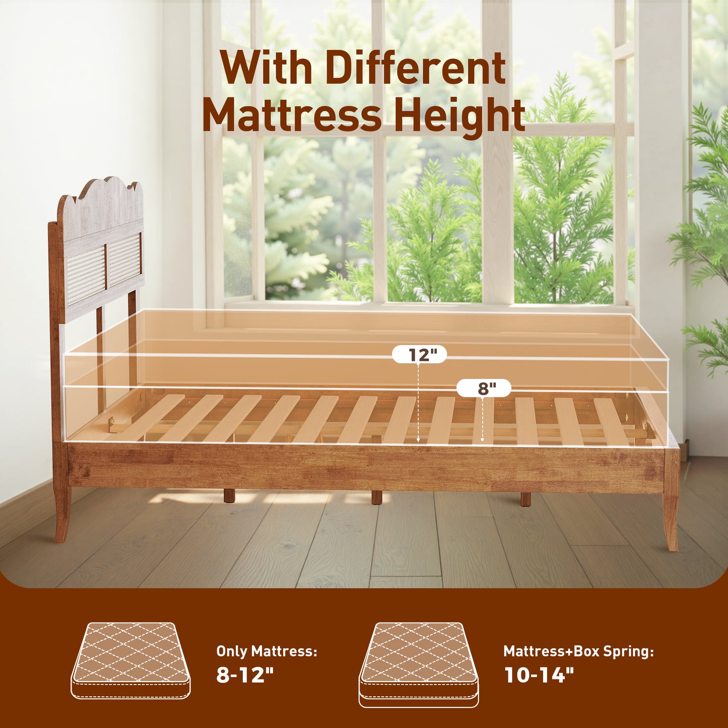 Captiva Designs Premium Wood Bed Frame with Woven Rattan Headboard and Reinforced Slats Support