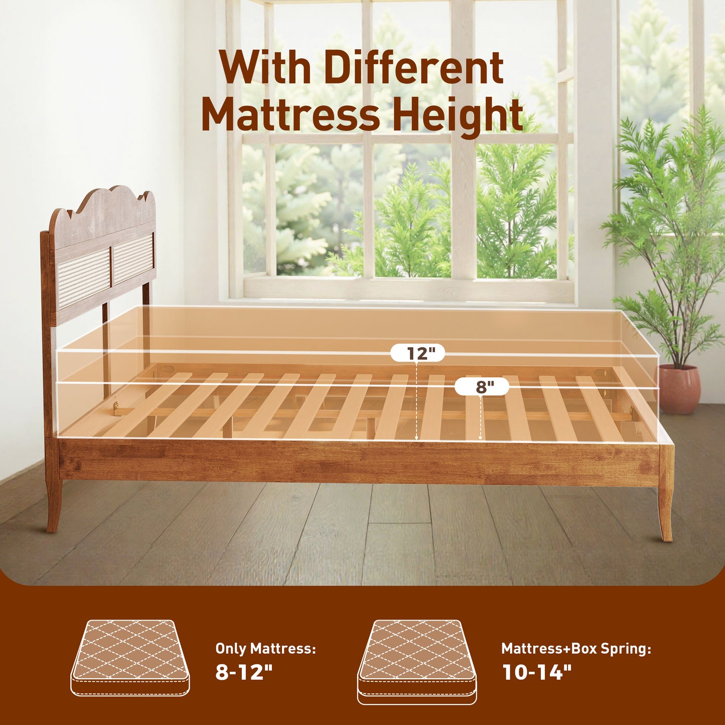 Captiva Designs Premium Wood Bed Frame with Woven Rattan Headboard and Reinforced Slats Support