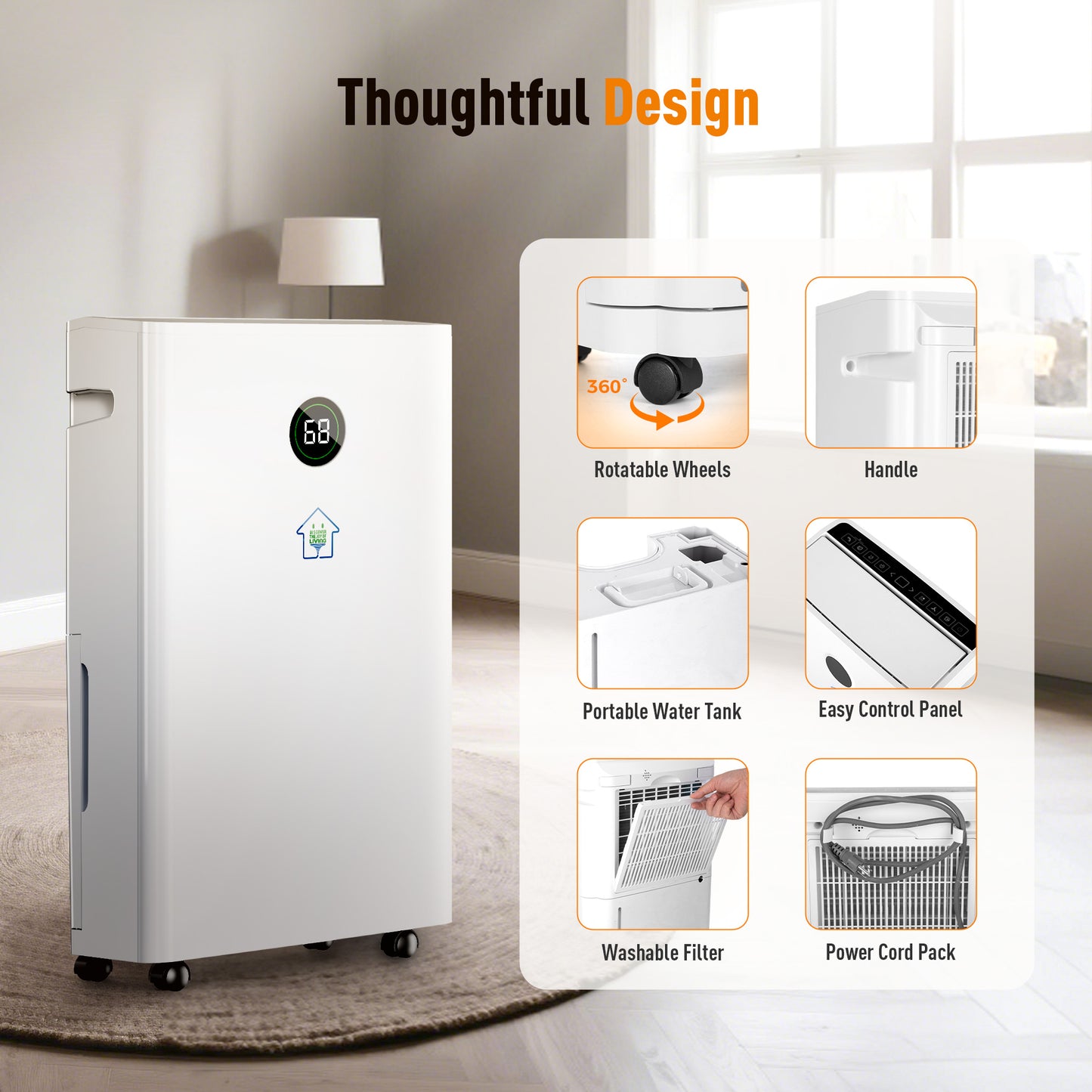 Captiva Designs High Efficiency Quiet Smart Dehumidifier with Auto & Manual Drainage & 3 Working Modes