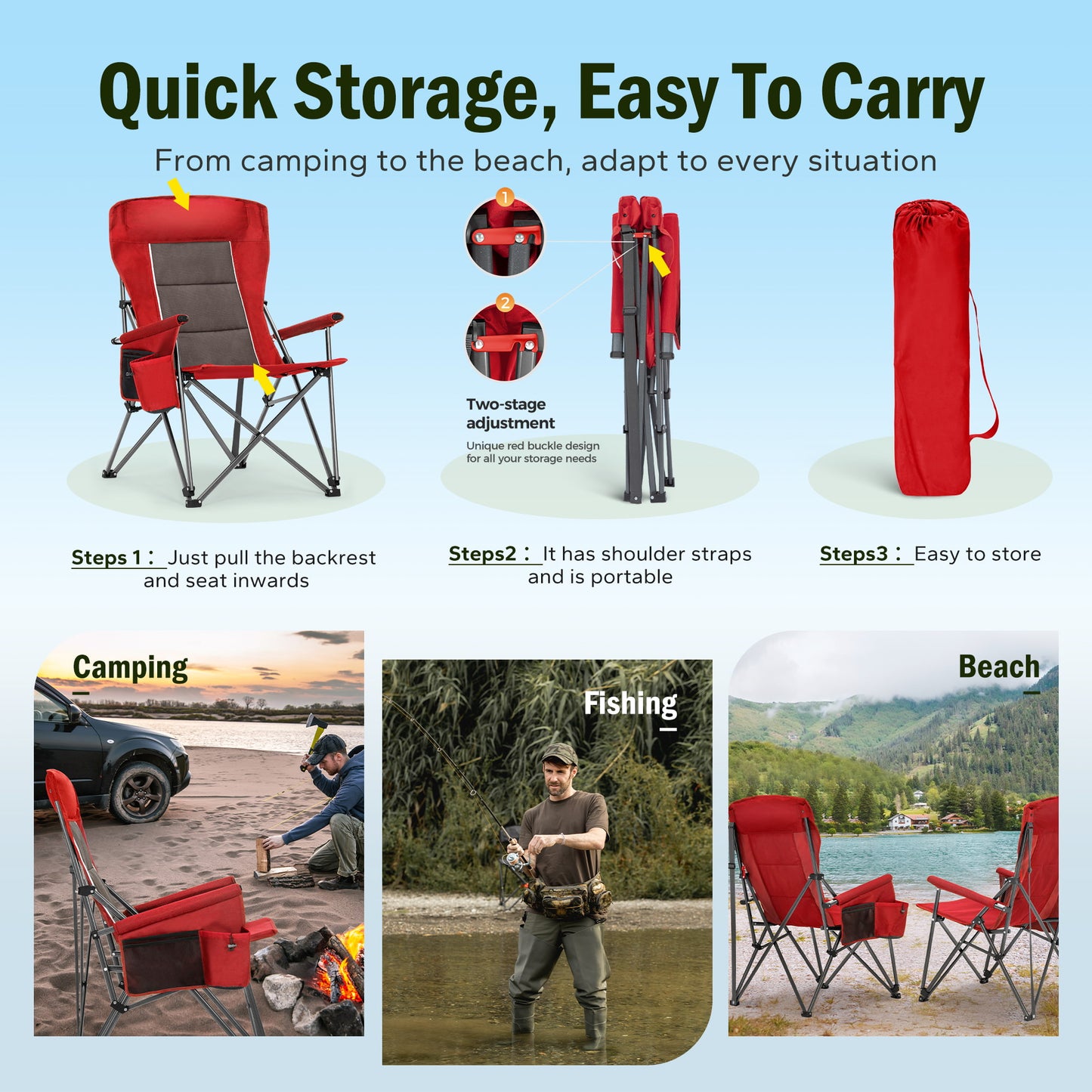 Captiva Designs Heavy Duty XL Camping Chair with Headrest, Cup Holder & Side Pocket, 500 lbs Capacity