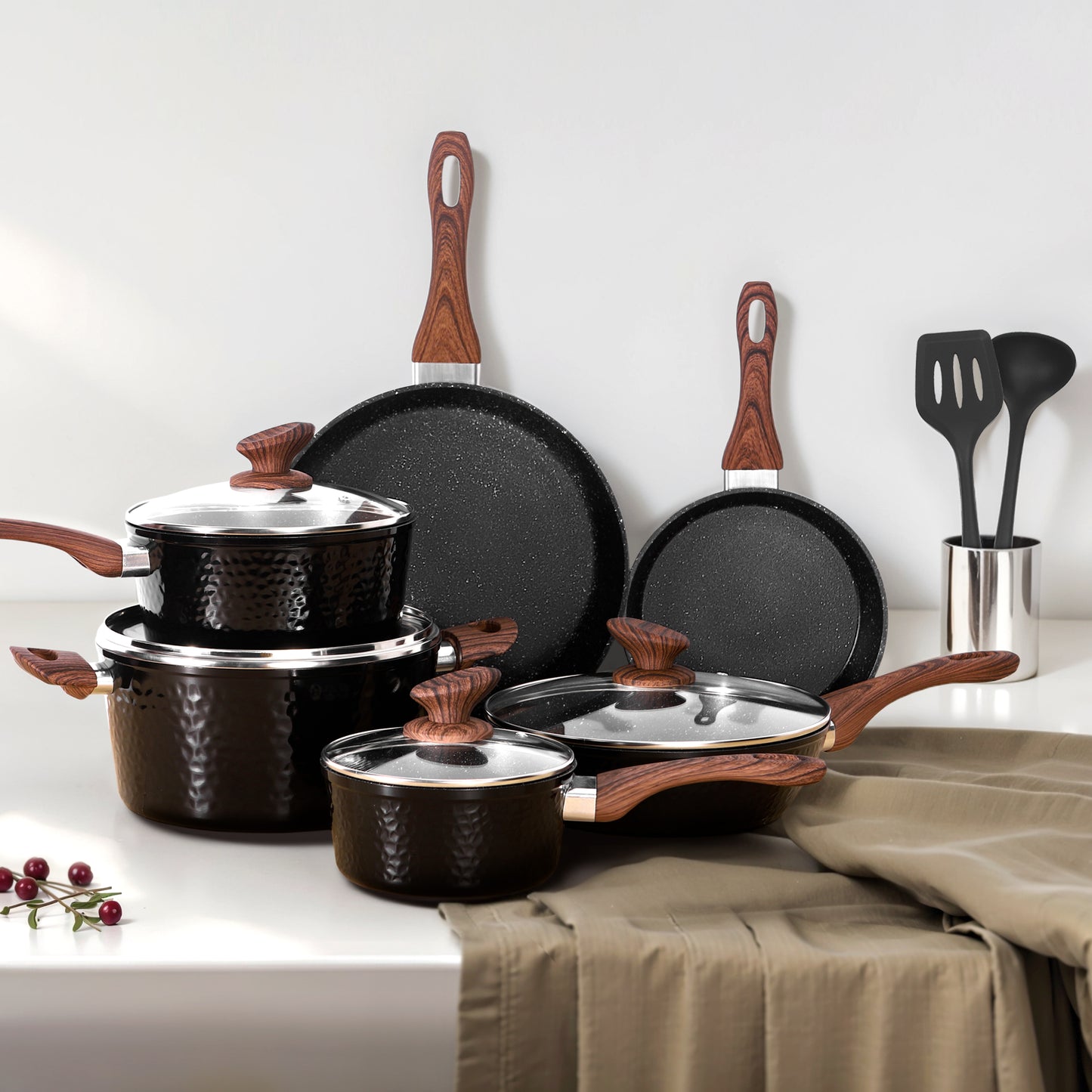 Captiva Designs Non-Toxic Nonstick Granite Cookware Set, Induction Compatible, Stay-Cool Handle, Lightweight and Stackable Design