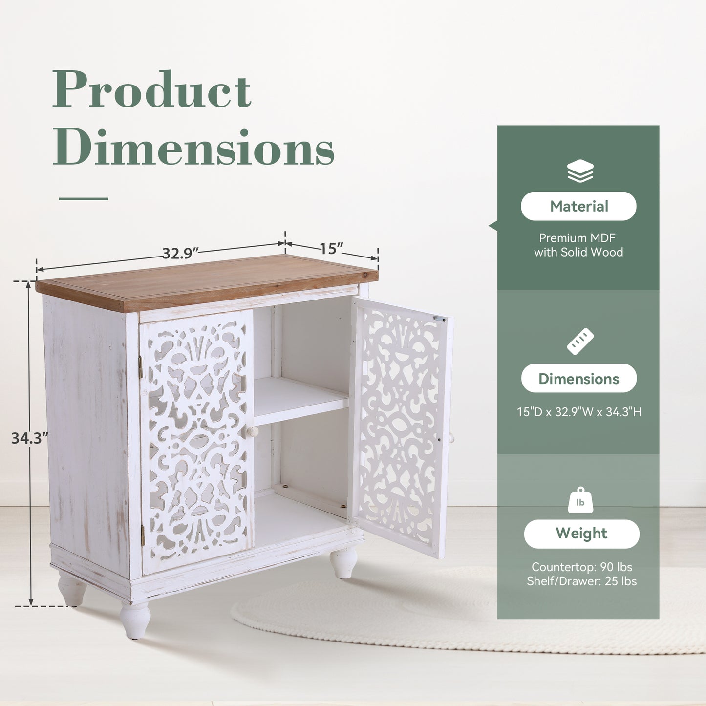Captiva Designs Distressed Hollow-carved Accent Storage Sideboard Buffet Cabinet with Solid Wood Legs for Living Room Entryway Foyer