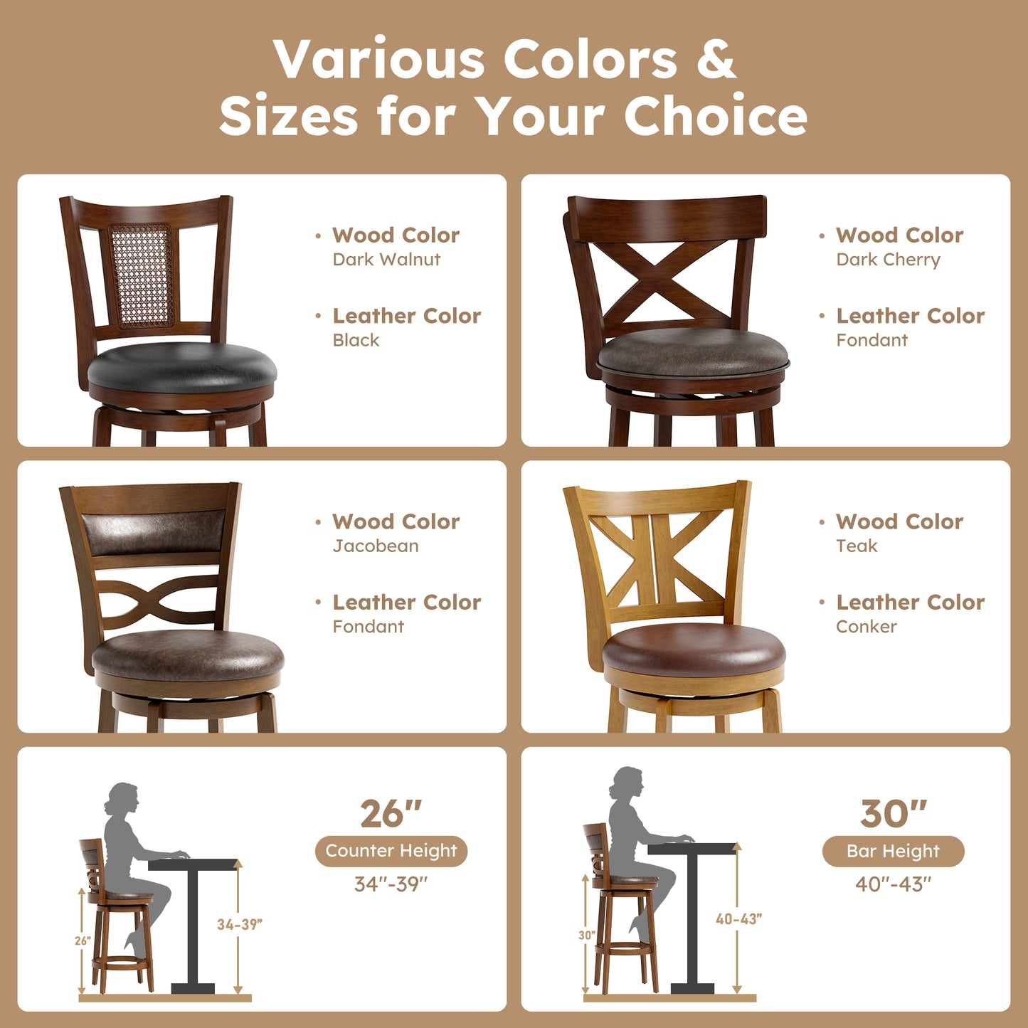 Captiva Designs Counter & Bar Height Swivel Bar Stools with Faux Leather Upholstered Seat & Rubberwood Frame & Wrap-Around Footrest