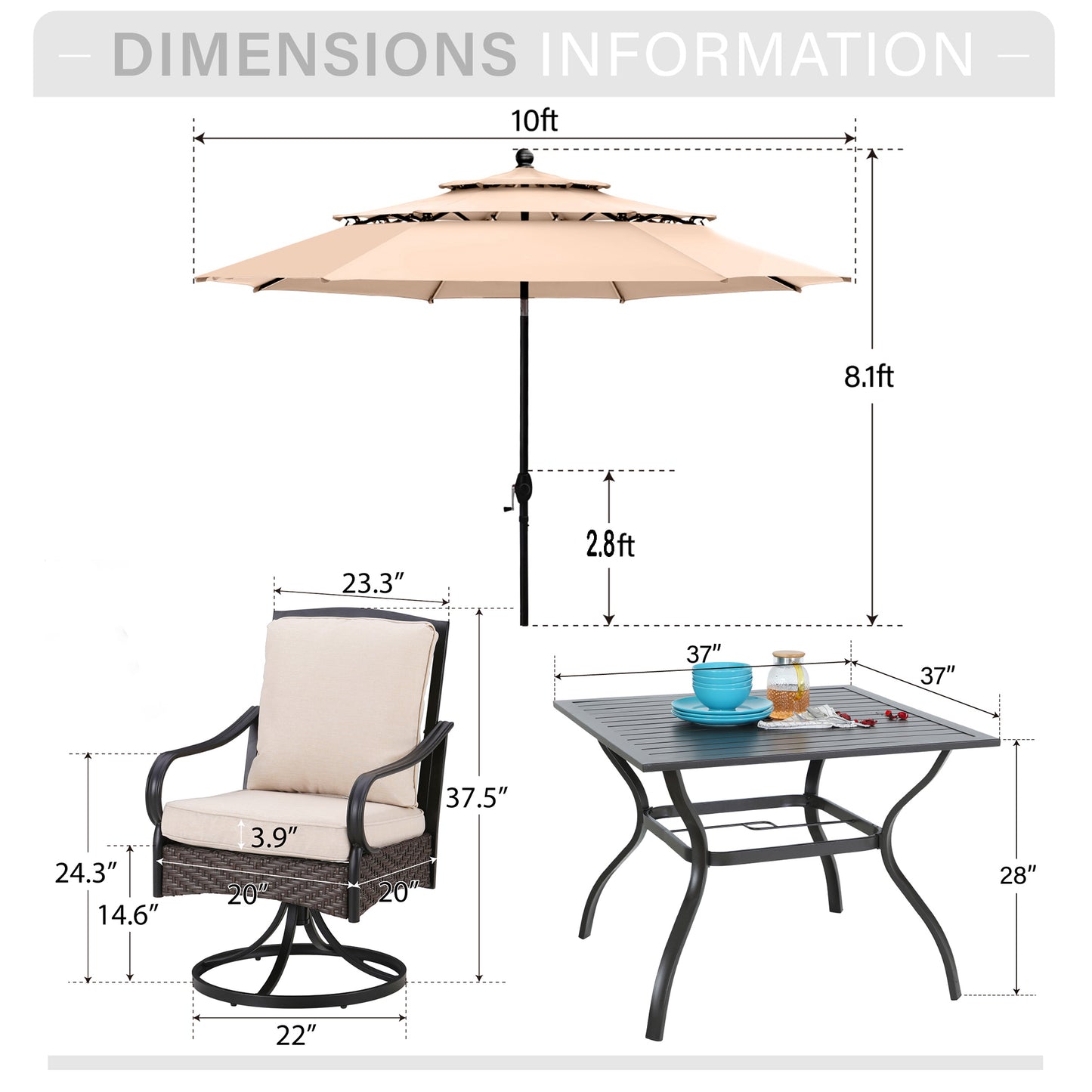 Captiva Designs 6pc Patio Slat-top Steel Table & Swivel Chairs with Thick Cushions & Beige 10ft Umbrella