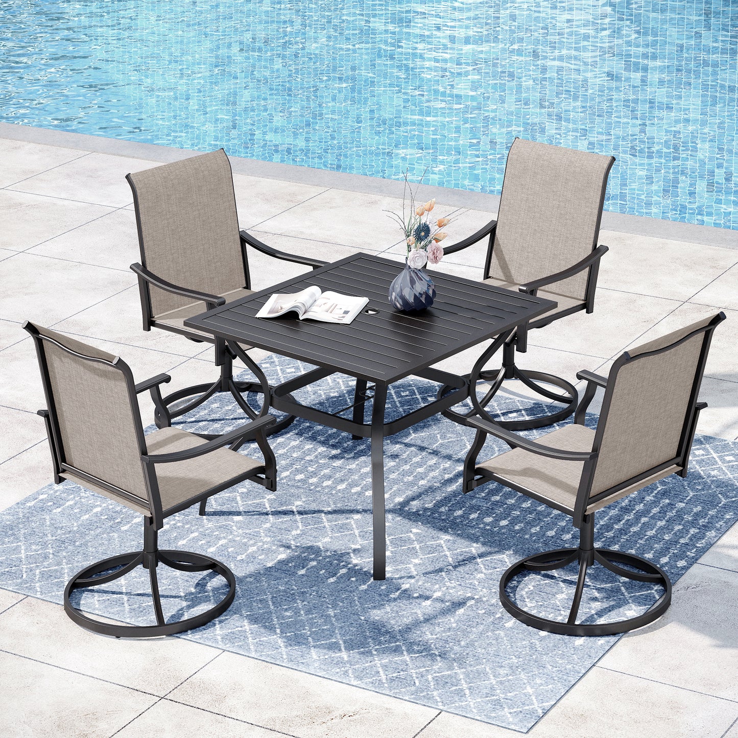 Captiva Designs 5pc Outdoor Dining Steel Table with Umbrella Hole & Brown Textilene Arm Chairs