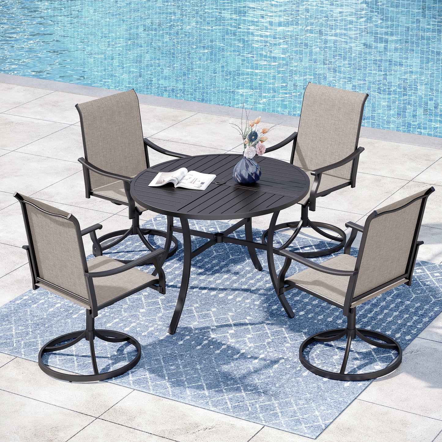 Captiva Designs 5pc Outdoor Dining Steel Table with Umbrella Hole & Brown Textilene Arm Chairs