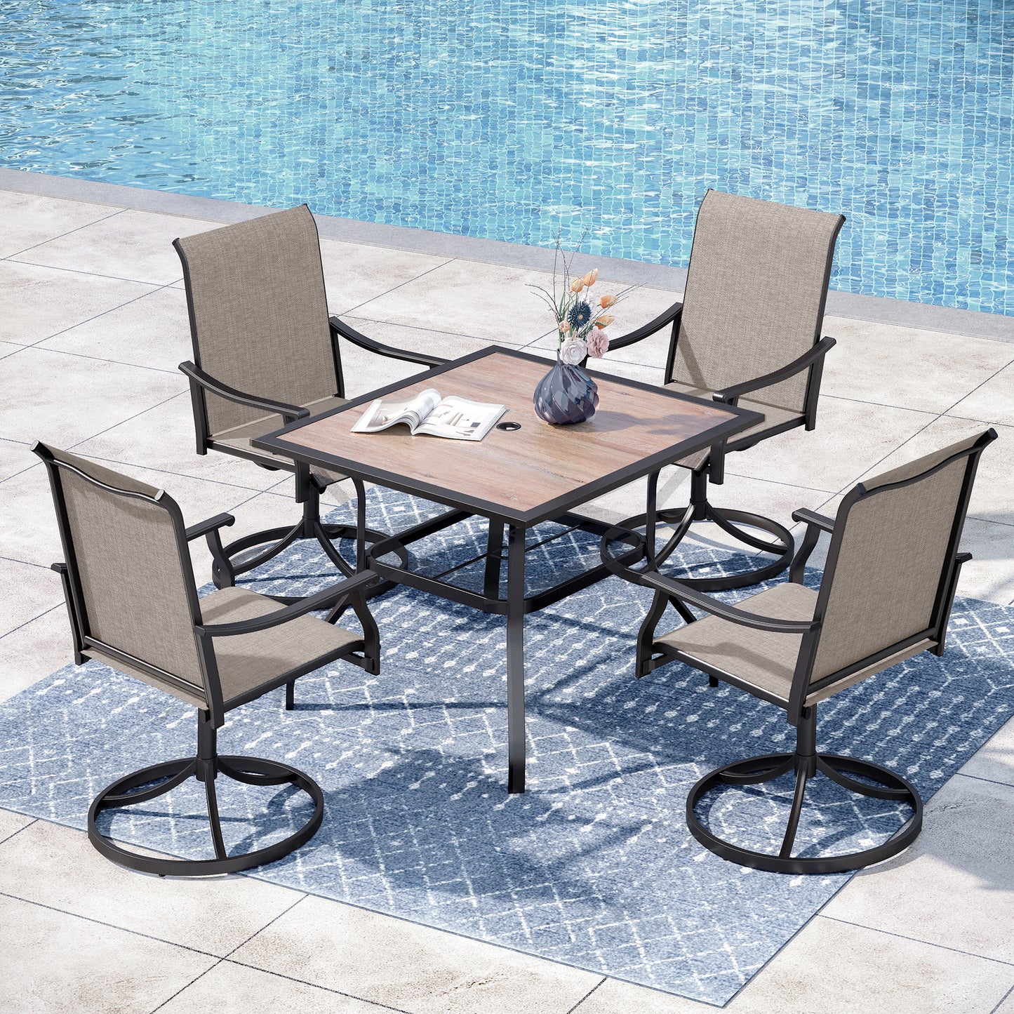 Captiva Designs 5pc Outdoor Dining Steel Table with Umbrella Hole & Brown Textilene Arm Chairs