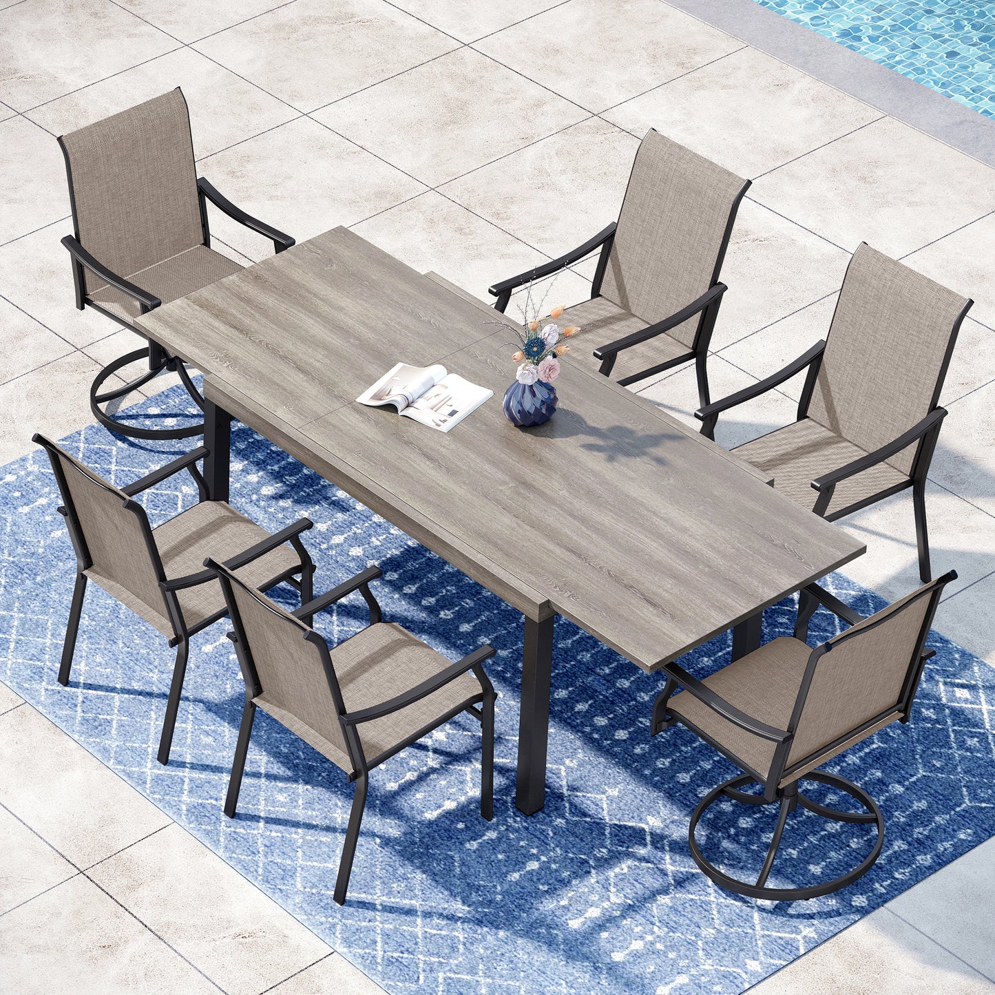 Captiva Designs 7pc Outdoor Patio Expandable Steel Dining Table & Brown Textilene Arm Chairs