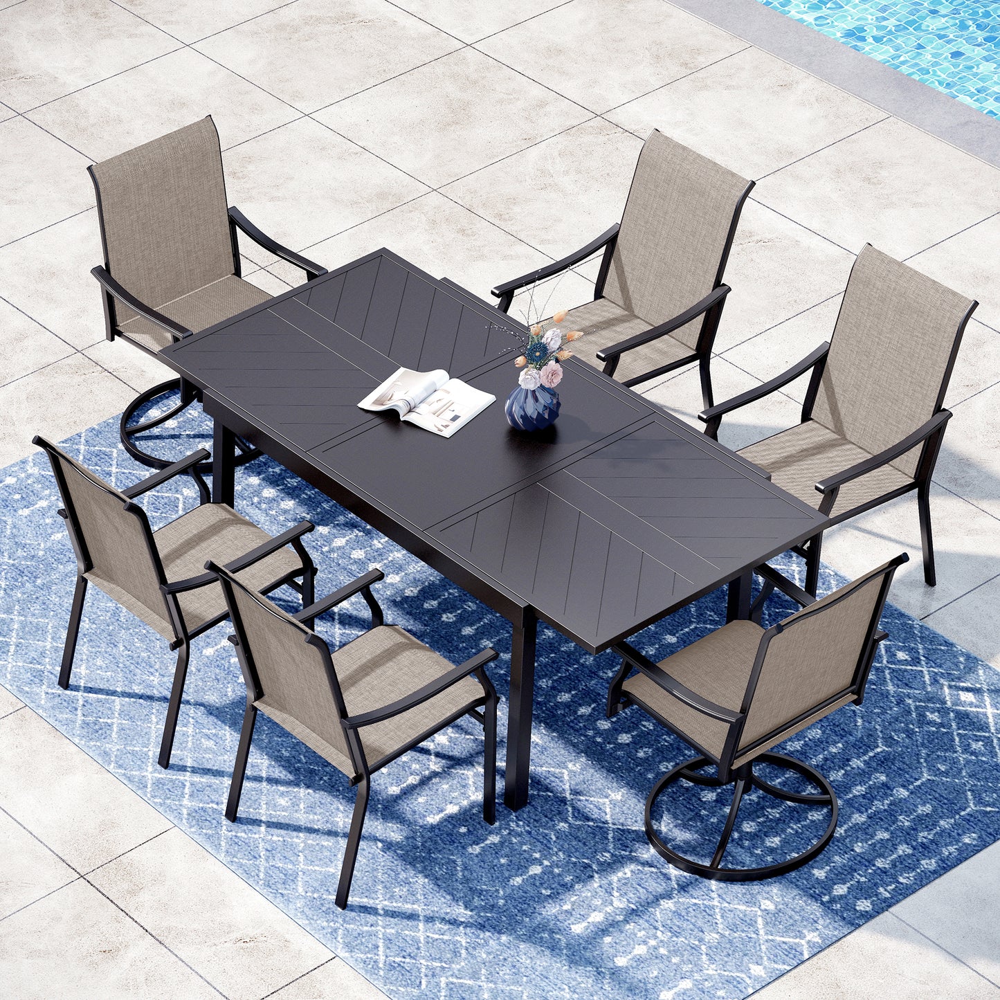 Captiva Designs 7pc Outdoor Patio Black Steel Dining Table & Brown Textilene Arm Chairs