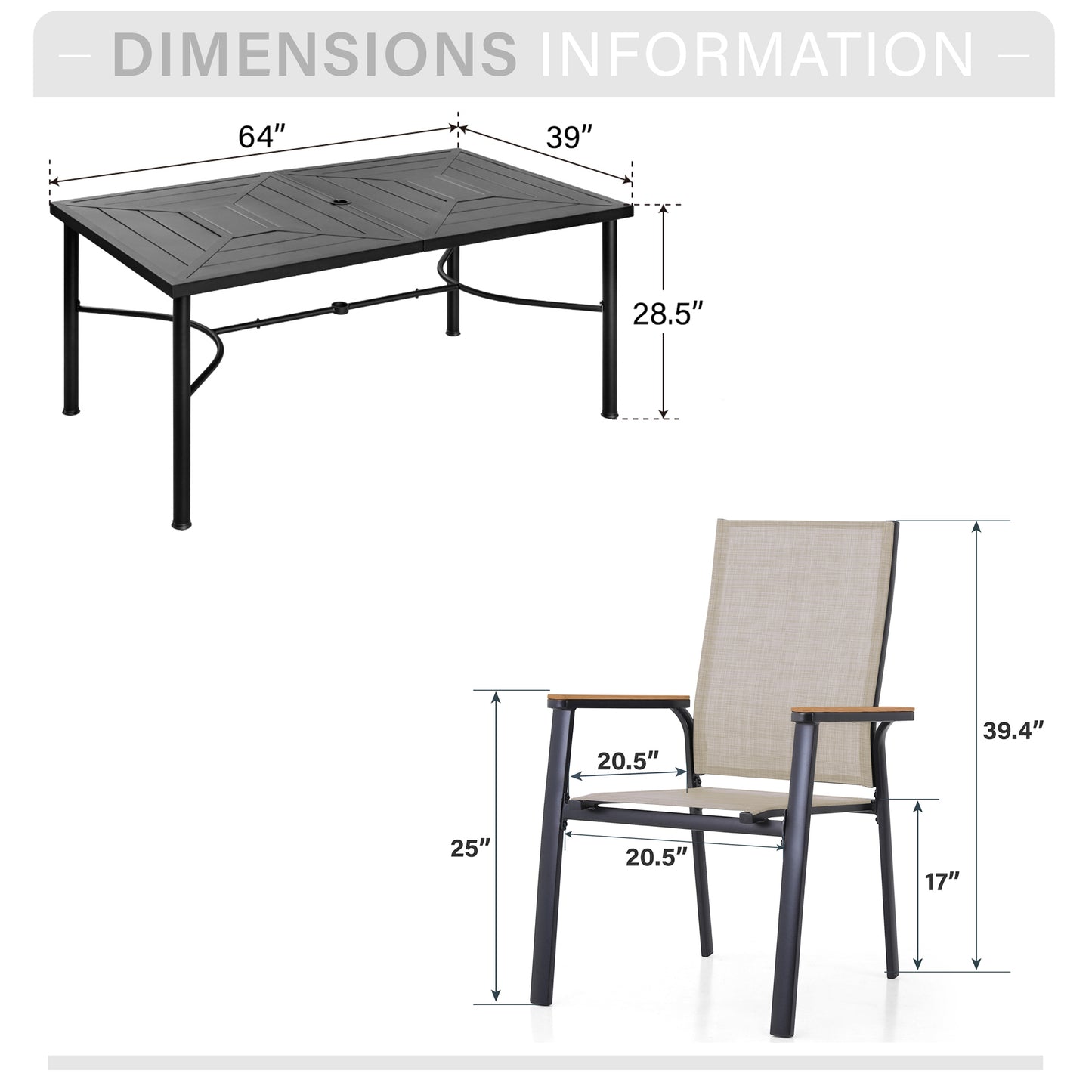 Captiva Designs 7 件套露台餐桌椅套装，配有几何图案长方形桌子和带木质扶手的吊带椅
