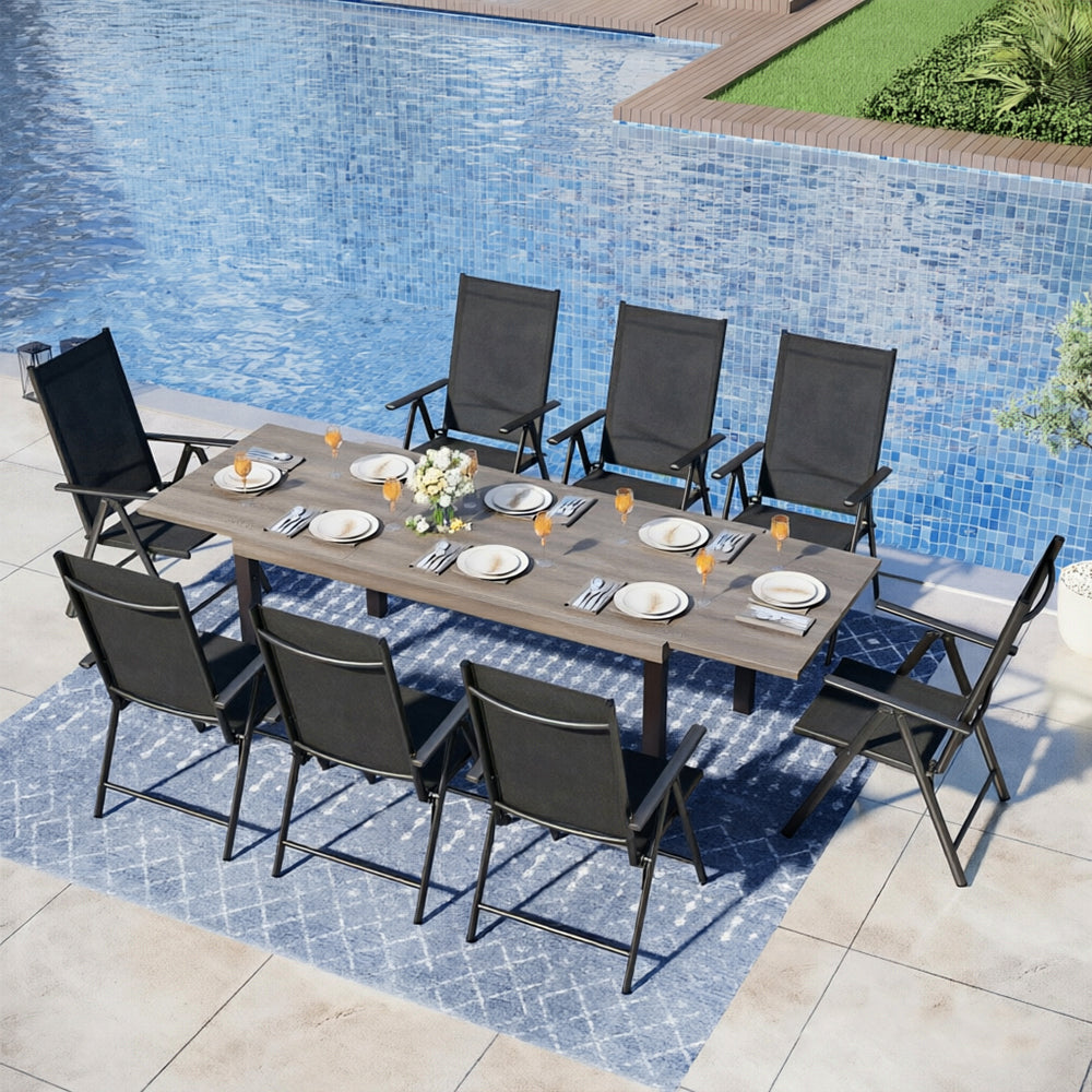 Captiva Designs 9pc Patio Adjustable Steel Rectangle Dining Table & Textilene Reclining Foldable Chairs