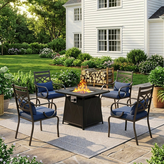 Captiva Designs 5pc Outdoor Patio Square Steel Dining Table and Metal Chairs with Seat Cushion & Waist Pillow