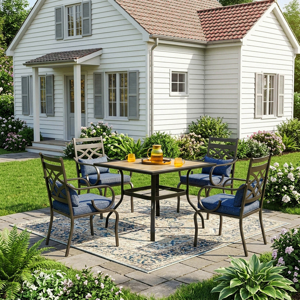 Captiva Designs 5pc Outdoor Patio Square Steel Dining Table and Metal Chairs with Seat Cushion & Waist Pillow