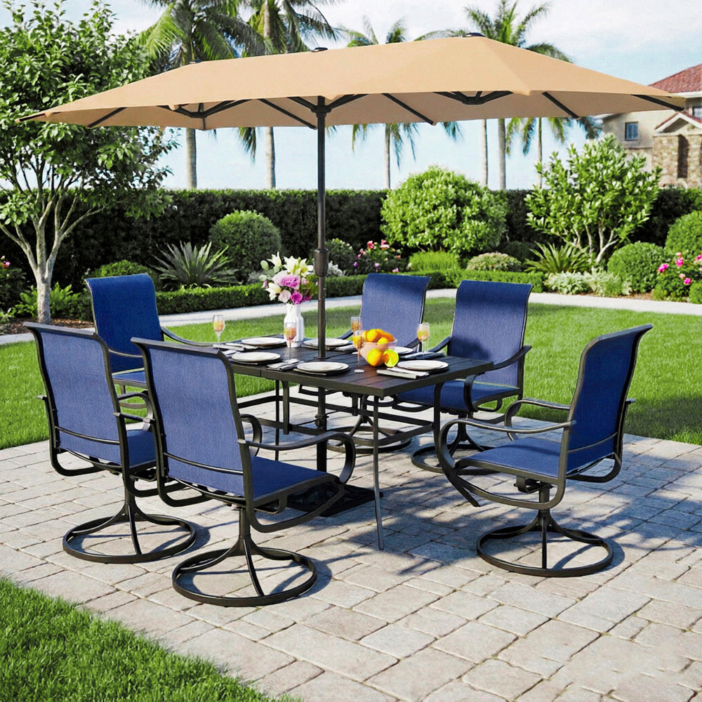 Captiva Designs 8pc Patio Rectangular Steel Dining Table & Sling Swivel Chairs & Market Umbrella